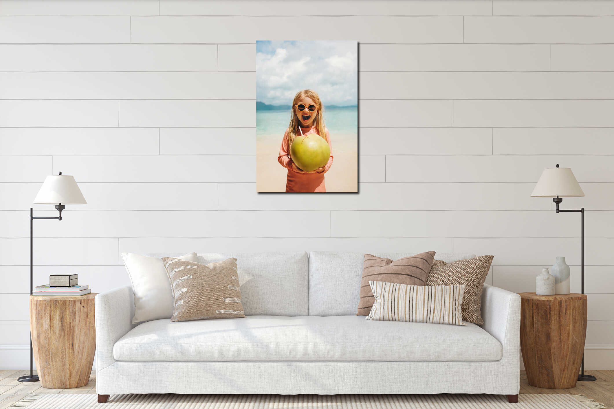 Child girl drinking fresh coconut on the beach family travel in Philippines outdoor, delighted kid in sunglasses interior mockup
