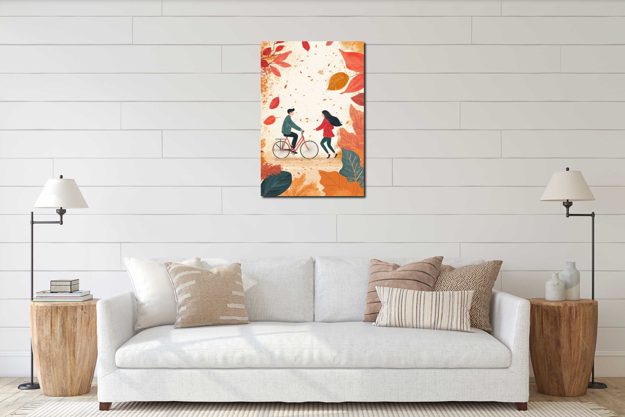 Photograph of a couple enjoying a romantic bike ride along a gorgeous trail with vibrant fall colors interior mockup