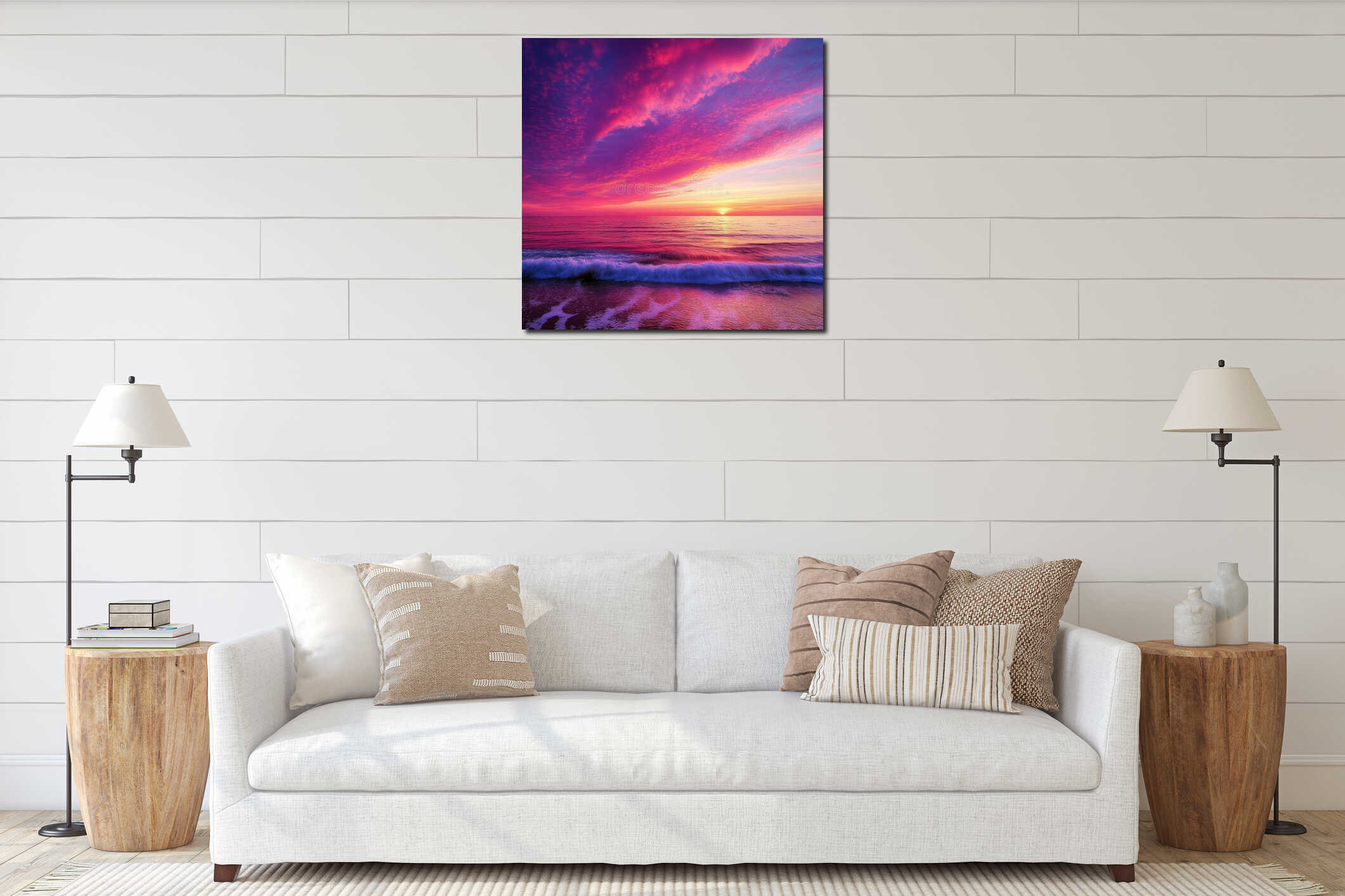 There is a beach, sea water, pink and purple sky, sunrise, calm and vast ocean, distant islands, soft waves crashing on interior mockup