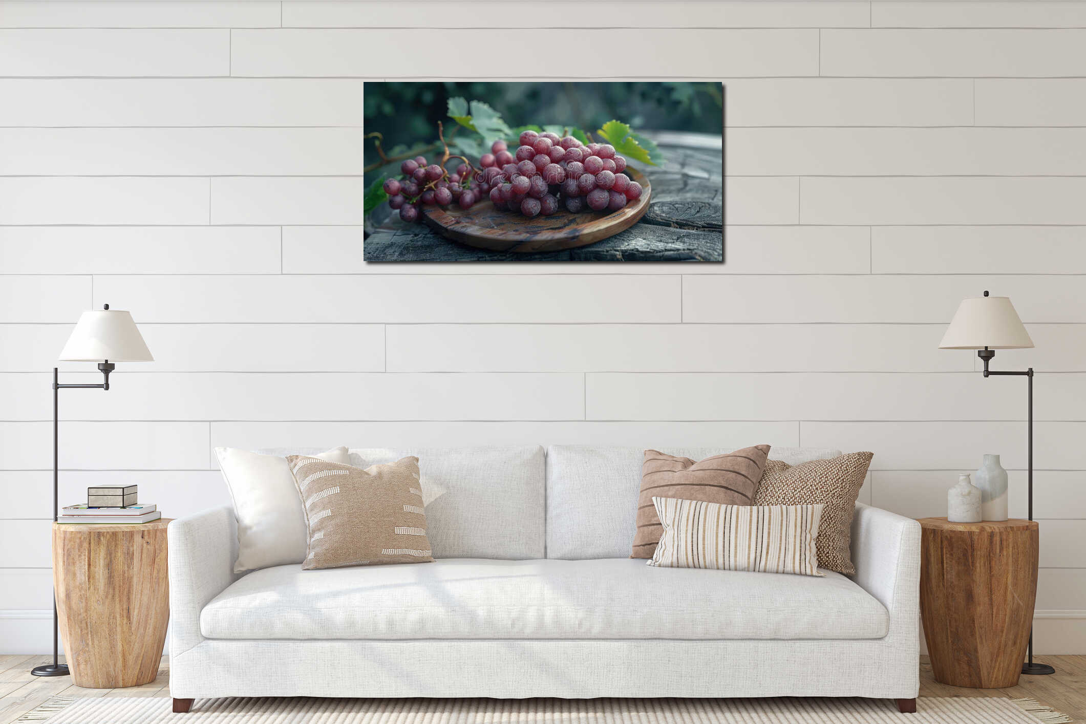 grapes on wooden plate interior mockup