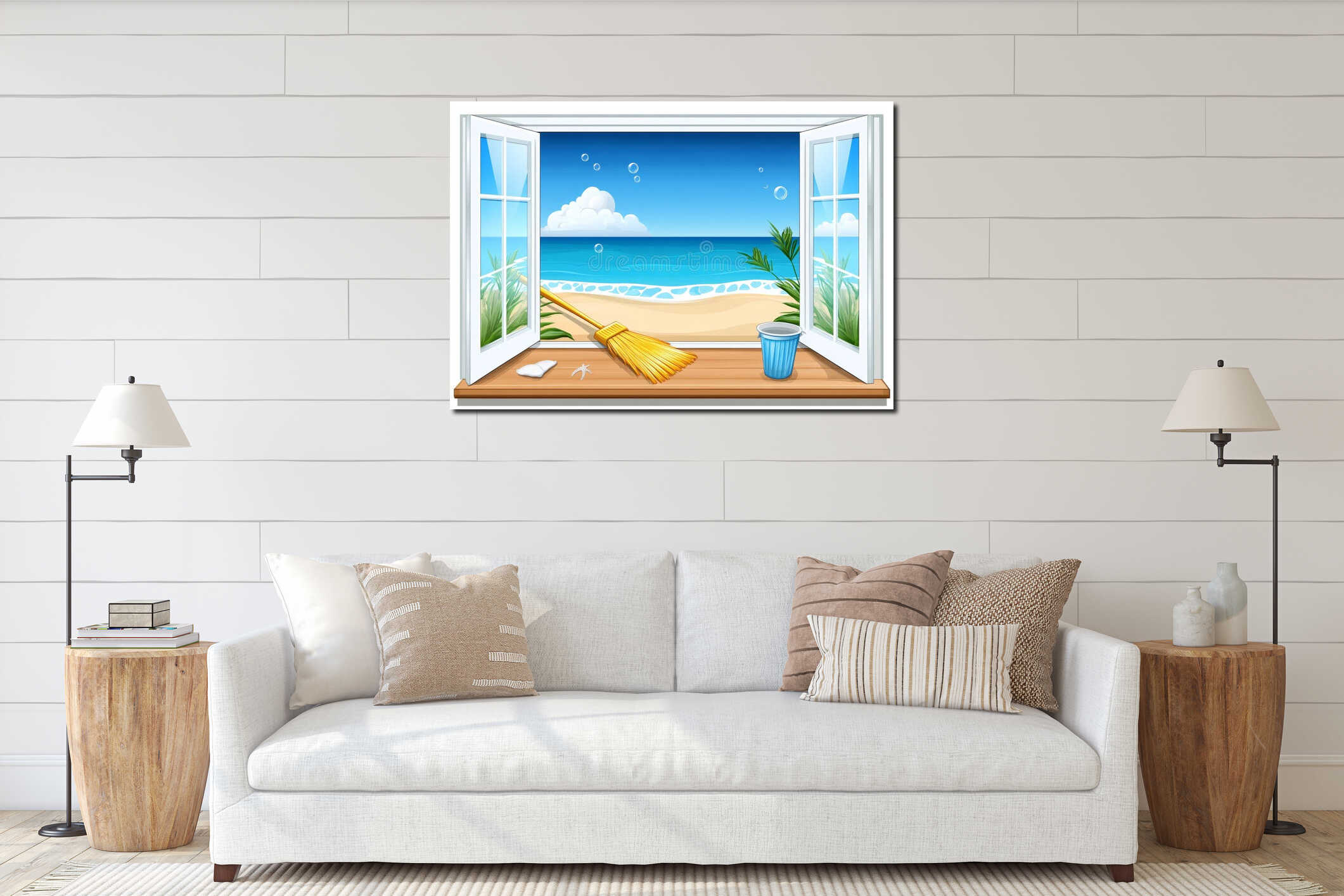 In the image, a clear glass window is depicted with a cleaning brush and a seagull flying in the sky, which has a blue interior mockup