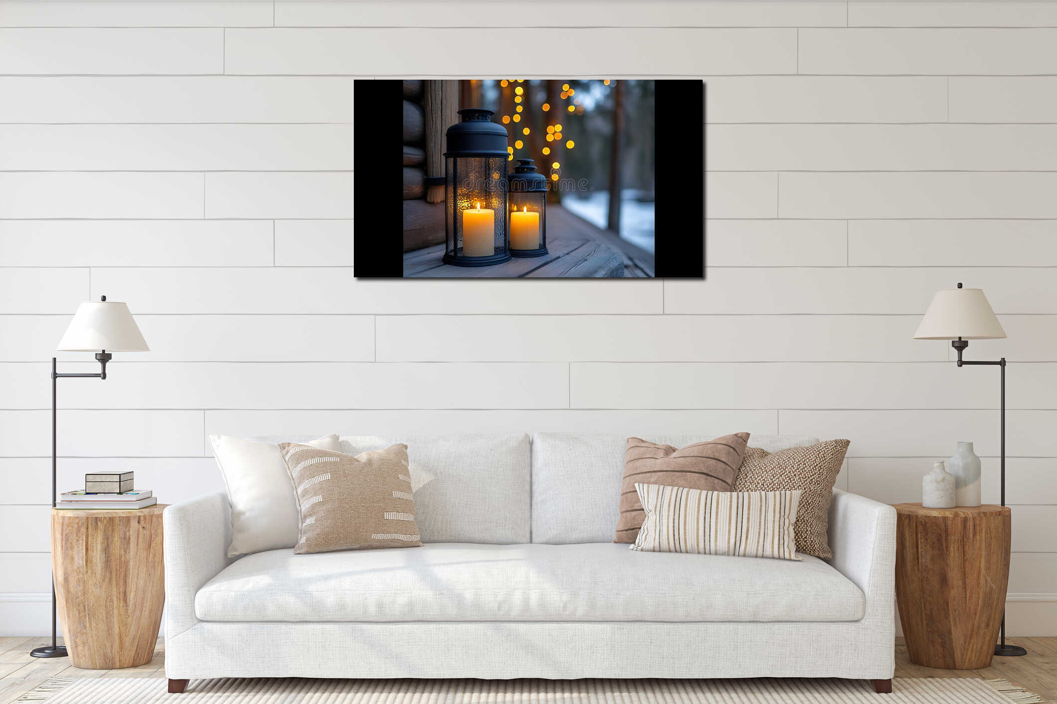 Two elegant black lanterns with flickering candles create a warm, inviting ambiance on a wooden porch in a snowy winter interior mockup
