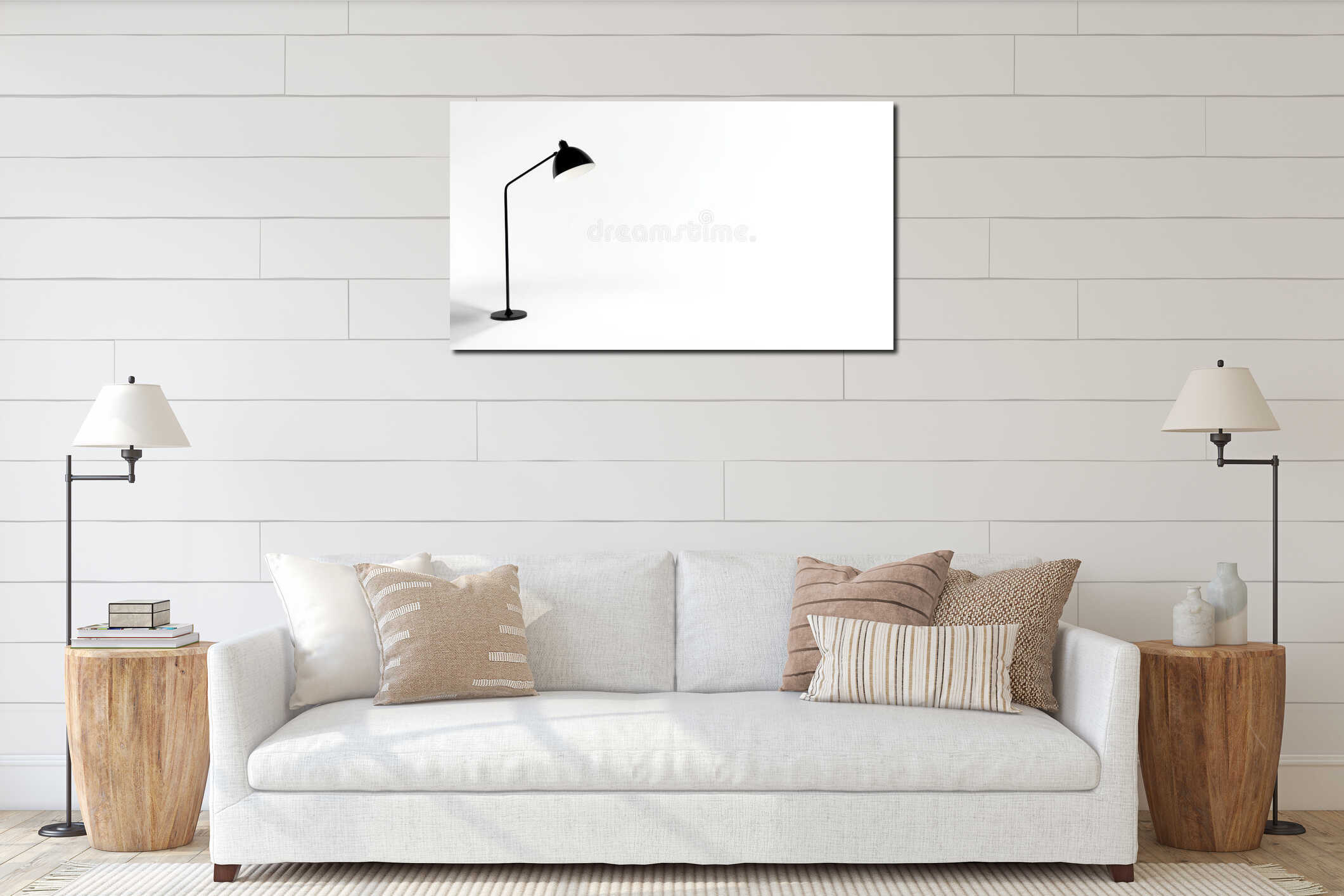 Elegant black floor lamp stands in a minimalistic white room, casting soft light during the evening hours interior mockup