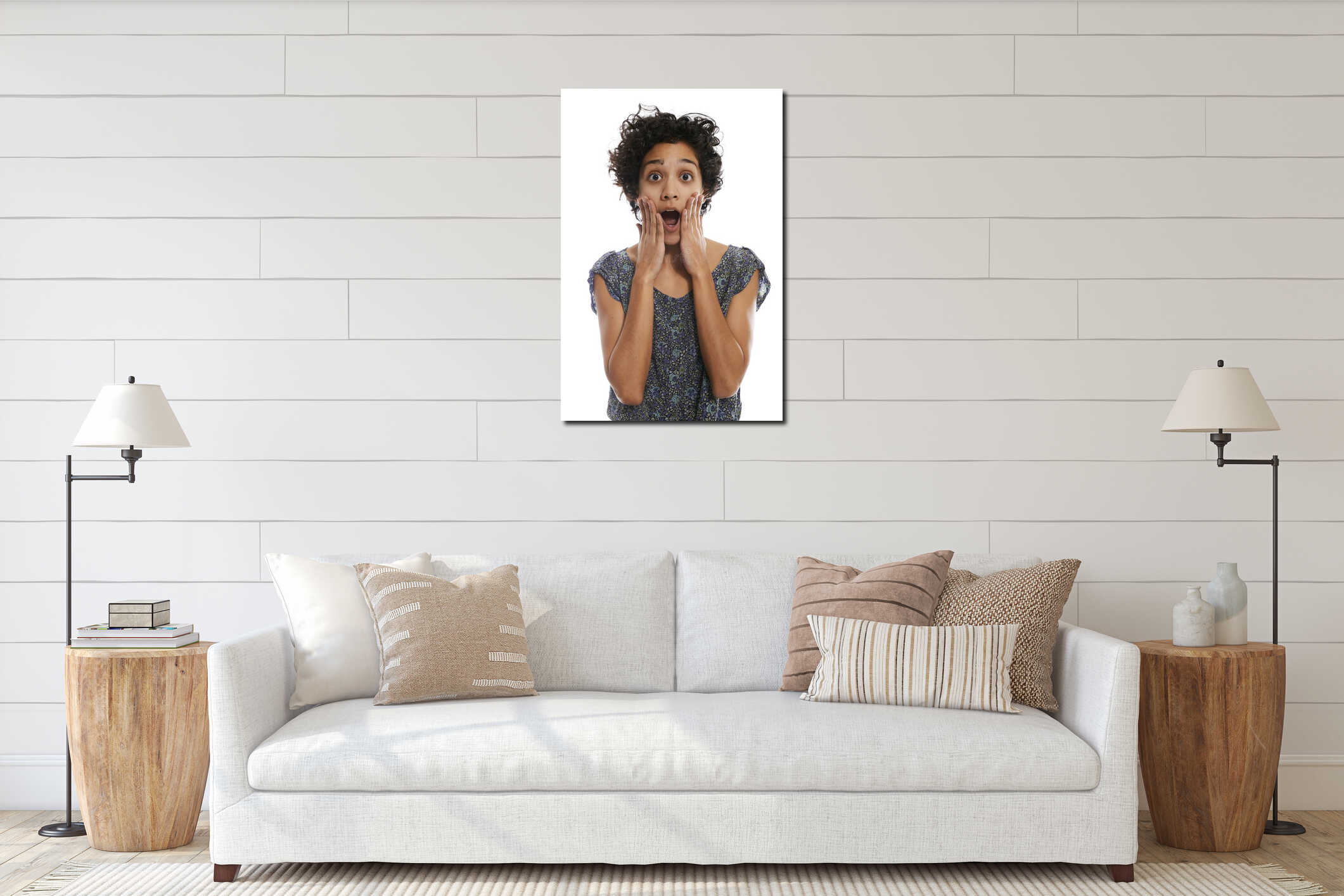 Portrait of shocked hispanic woman with mouth open interior mockup
