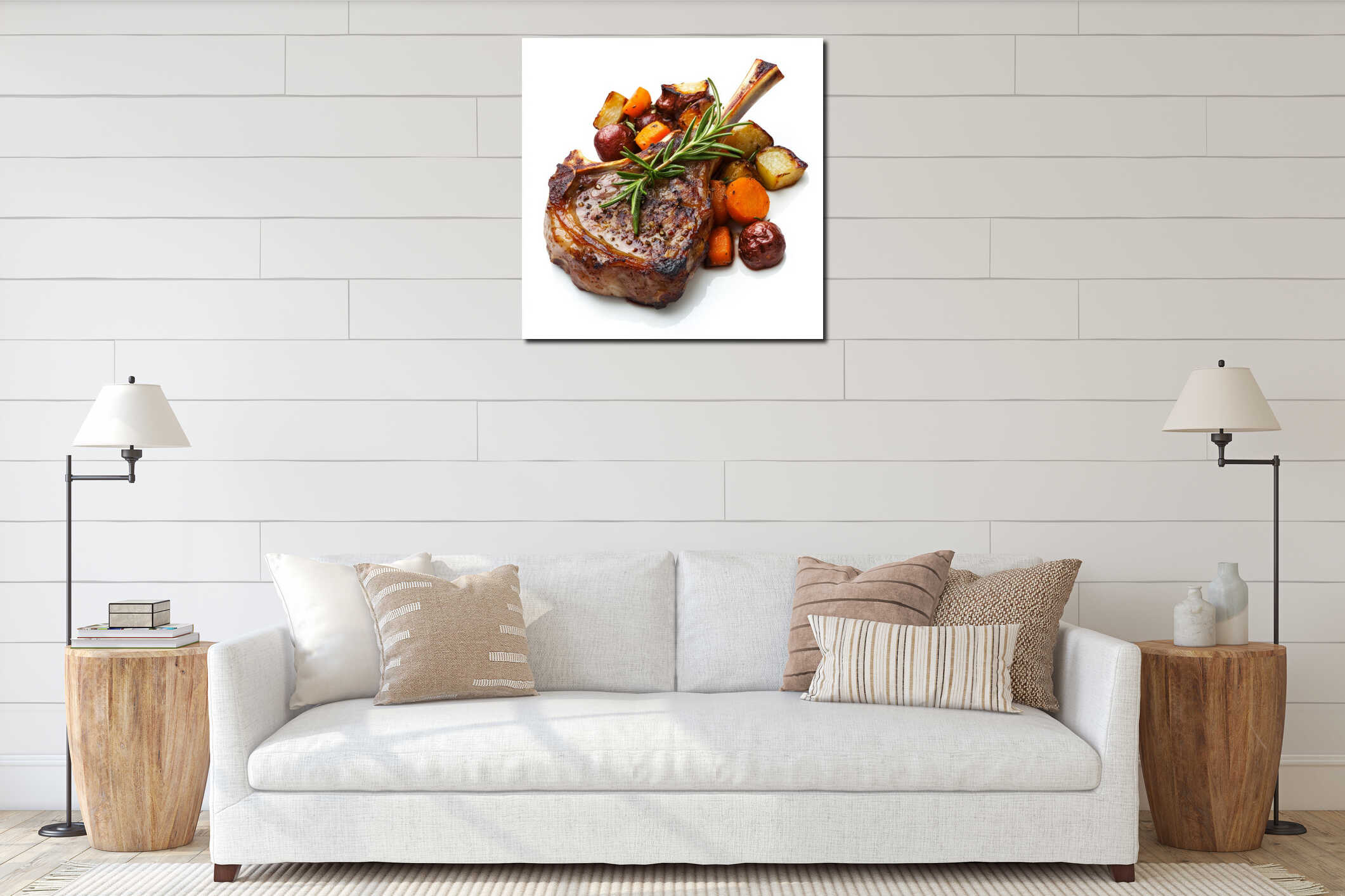 A detailed shot of a perfectly cooked lamb chop, its surface caramelized, served with a side of interior mockup