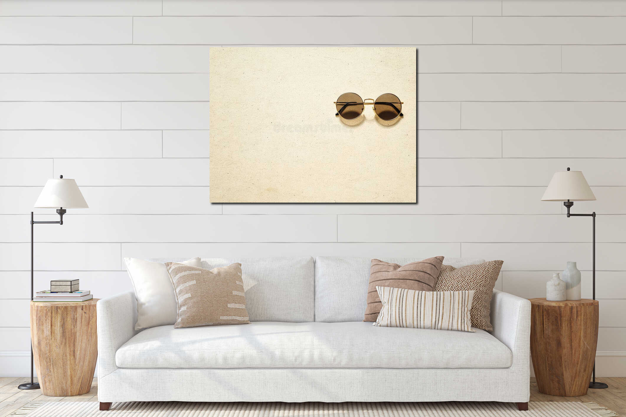 Pair of sunglasses is sitting on a white surface interior mockup