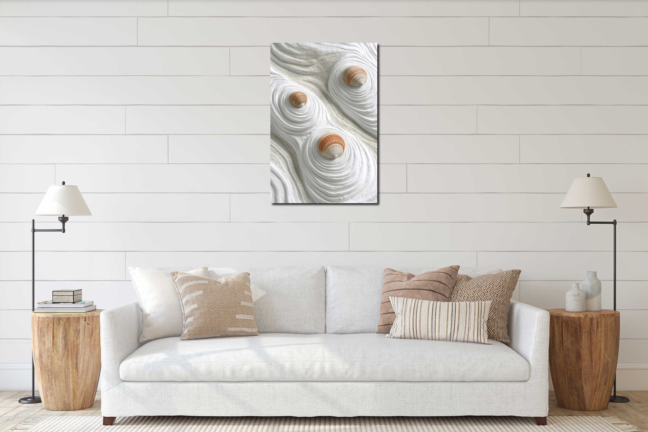 The Summer Ocean Collection features vibrant seashells on a sandy beach interior mockup