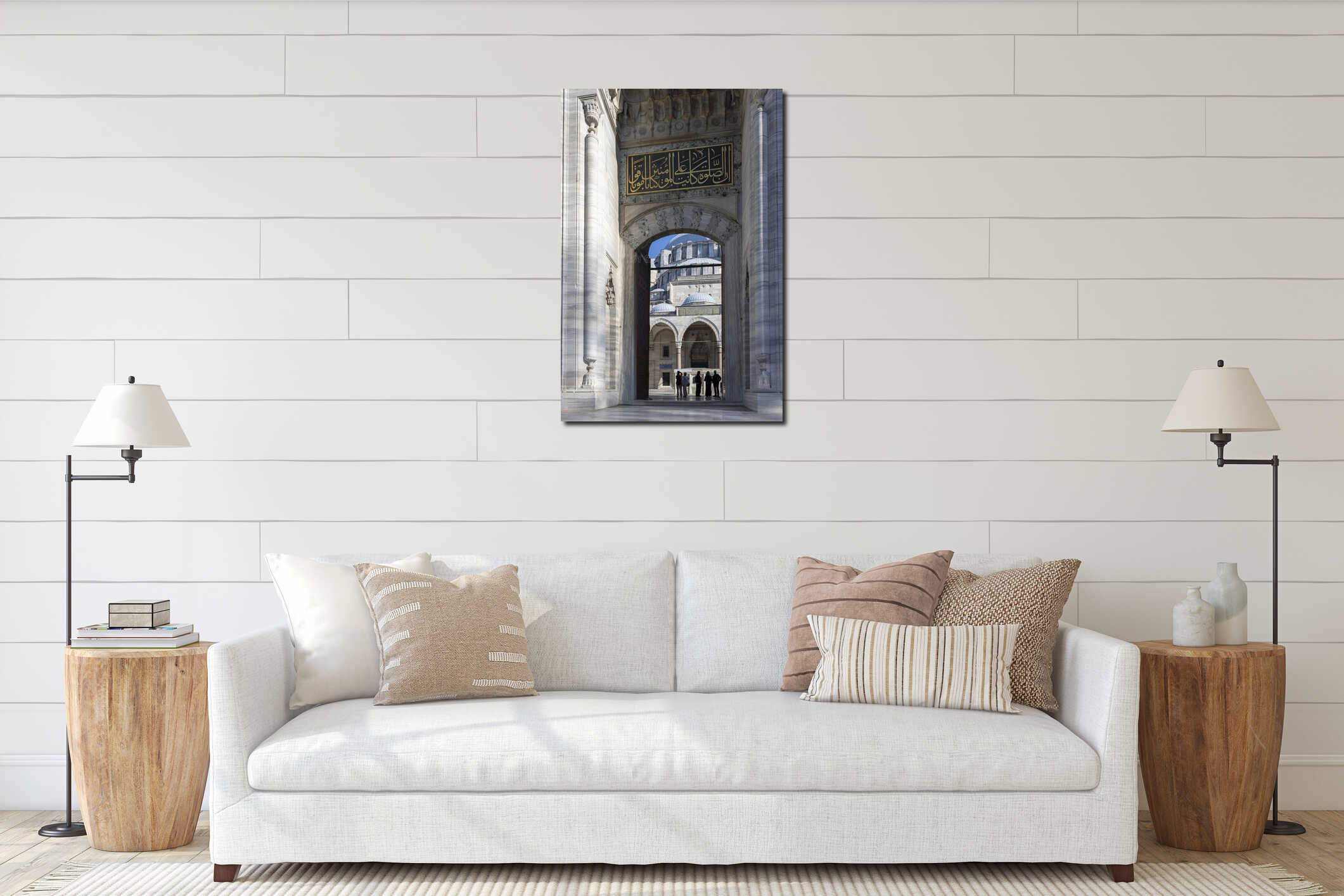 Framed vista of the Suleymaniye Mosque's domes and inner courtyard seen through a decorated stone interior mockup