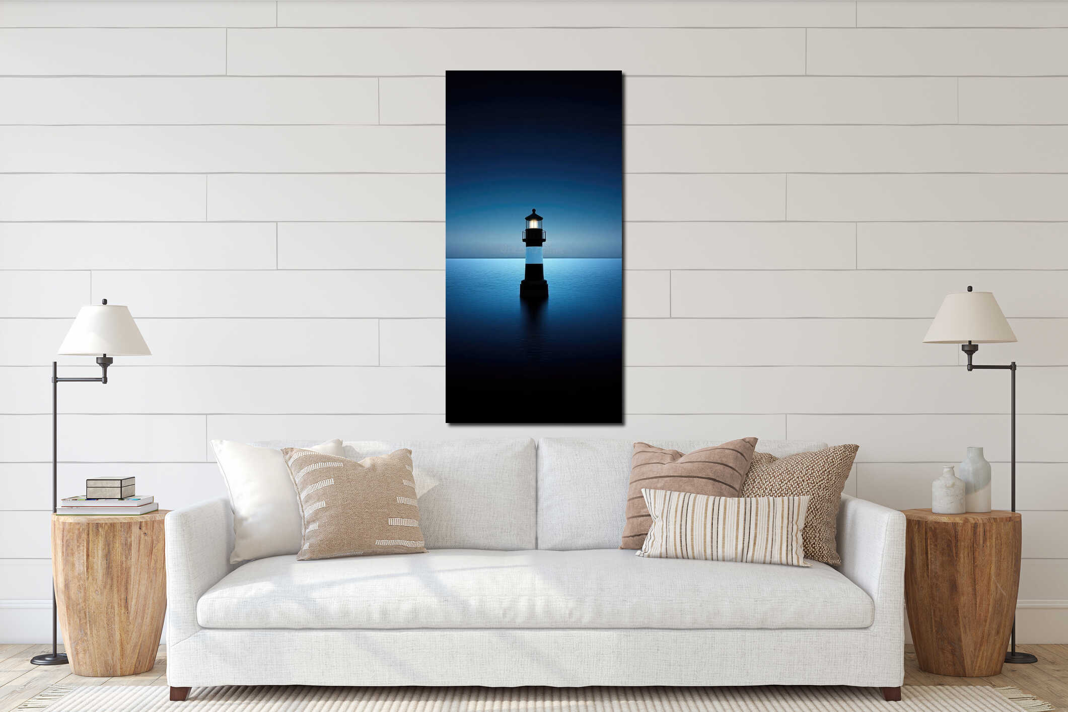 Serene nighttime lighthouse silhouette against tranquil blue seascape interior mockup