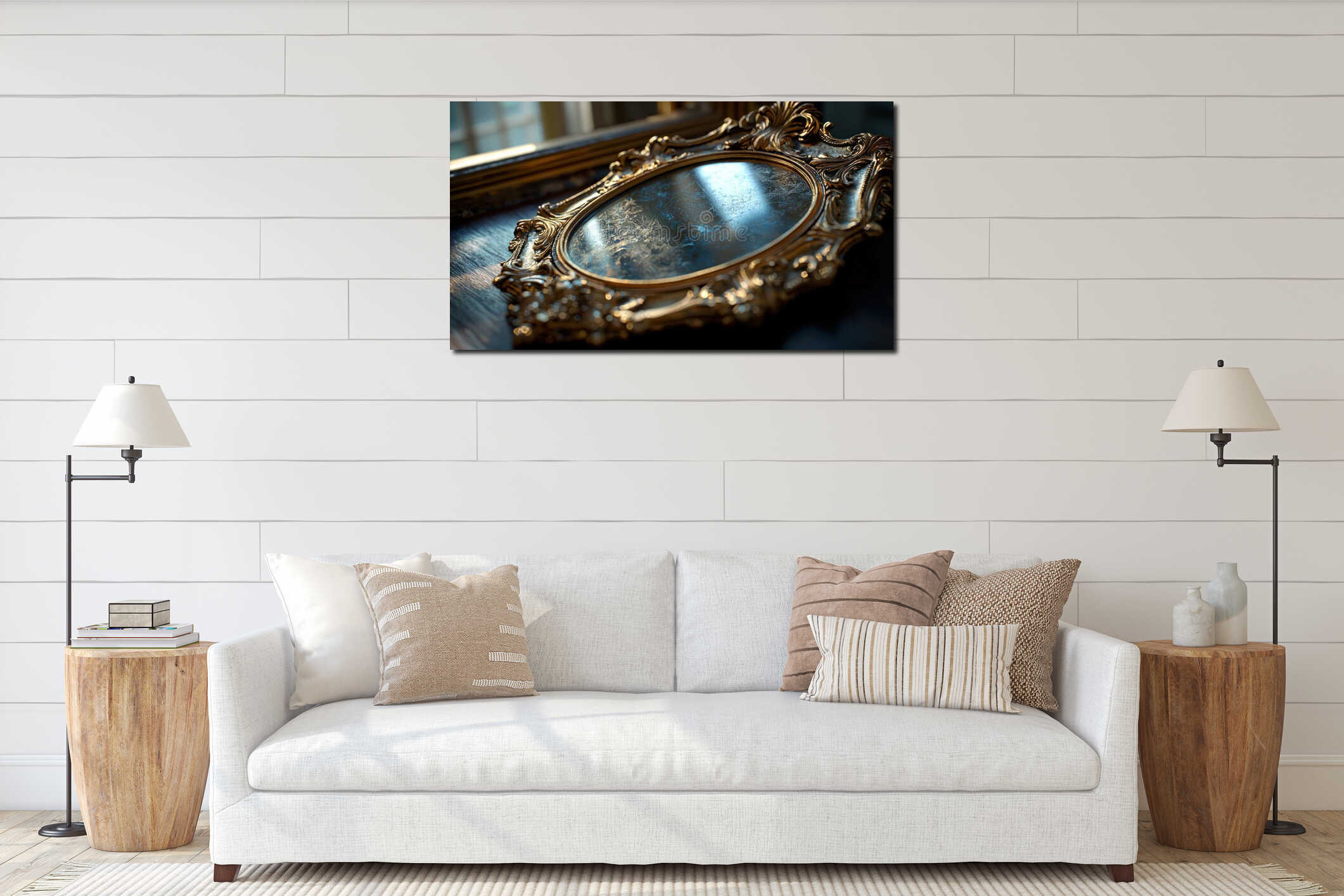 ornate antique mirror with oval shape and intricate golden frame rests on wooden surface, reflecting soft light interior mockup