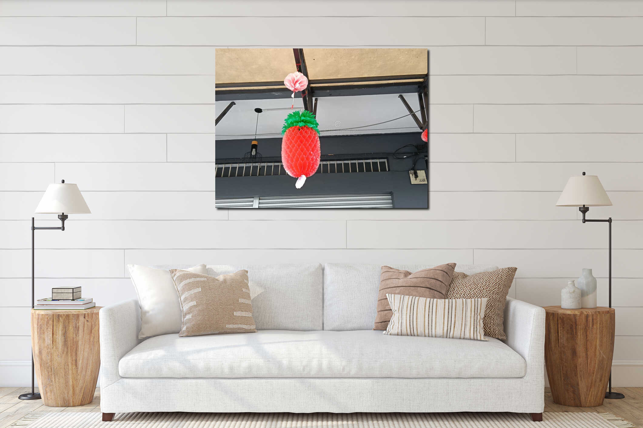 Red and green chinese lanterns hanging on the ceiling of a building interior mockup