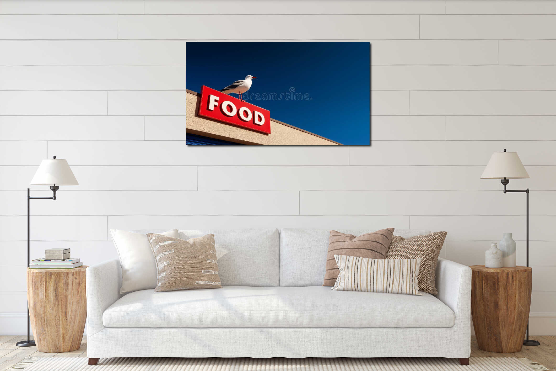 Bold red food sign on a building with a seagull perched above against a deep blue sky interior mockup