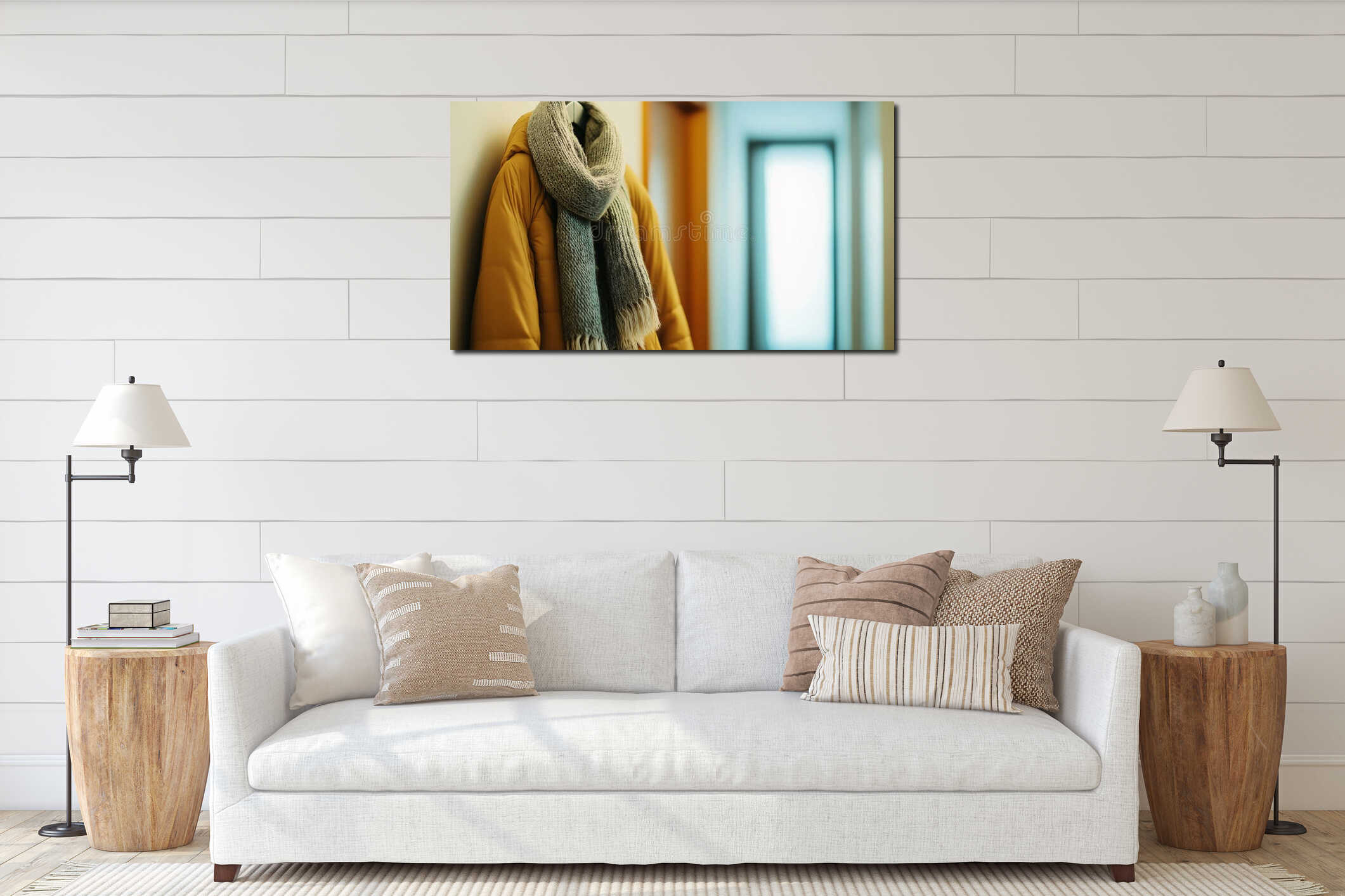 Stylish parka and wool scarf hang in a spacious neutral-toned hallway with soft light interior mockup