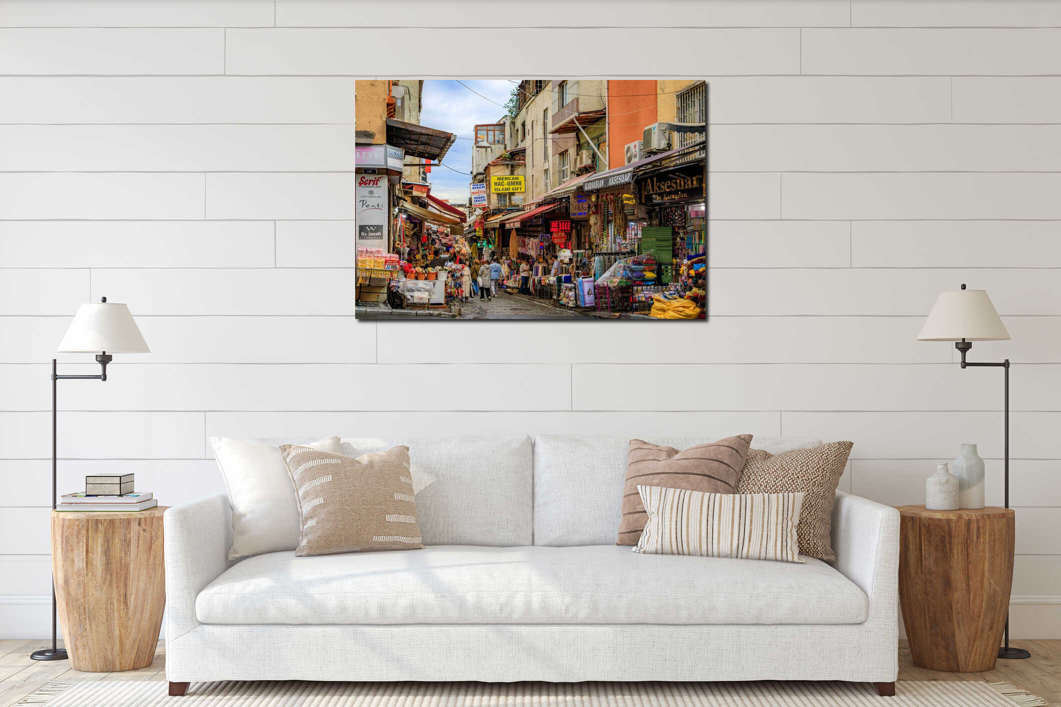 Bustling bazaar street scene with many shops displaying goods, Istanbul, Turkey interior mockup