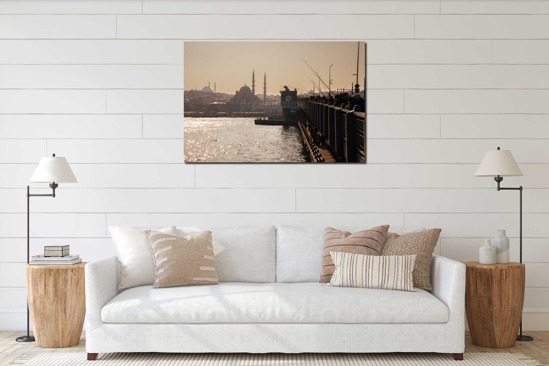 Istanbul, Turkey. The Golden Horn at sunset. Yeni Cami mosque silhouette. interior mockup
