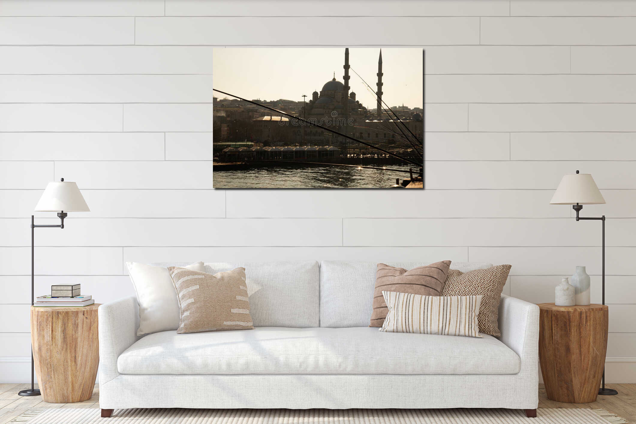 Istanbul, Turkey. The Golden Horn at sunset. Yeni Cami mosque silhouette. interior mockup