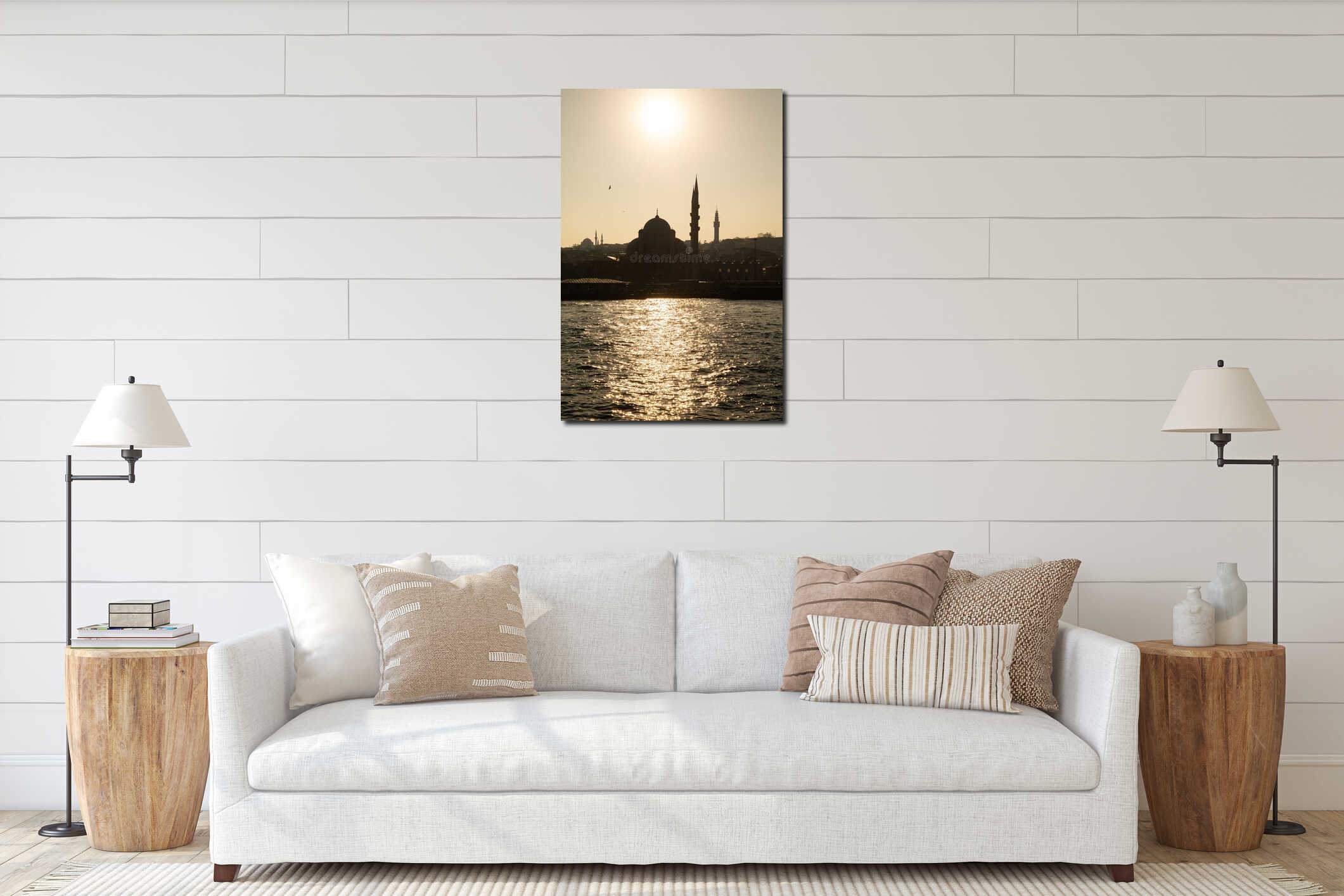 Istanbul, Turkey. The Golden Horn at sunset. Yeni Cami mosque silhouette. interior mockup