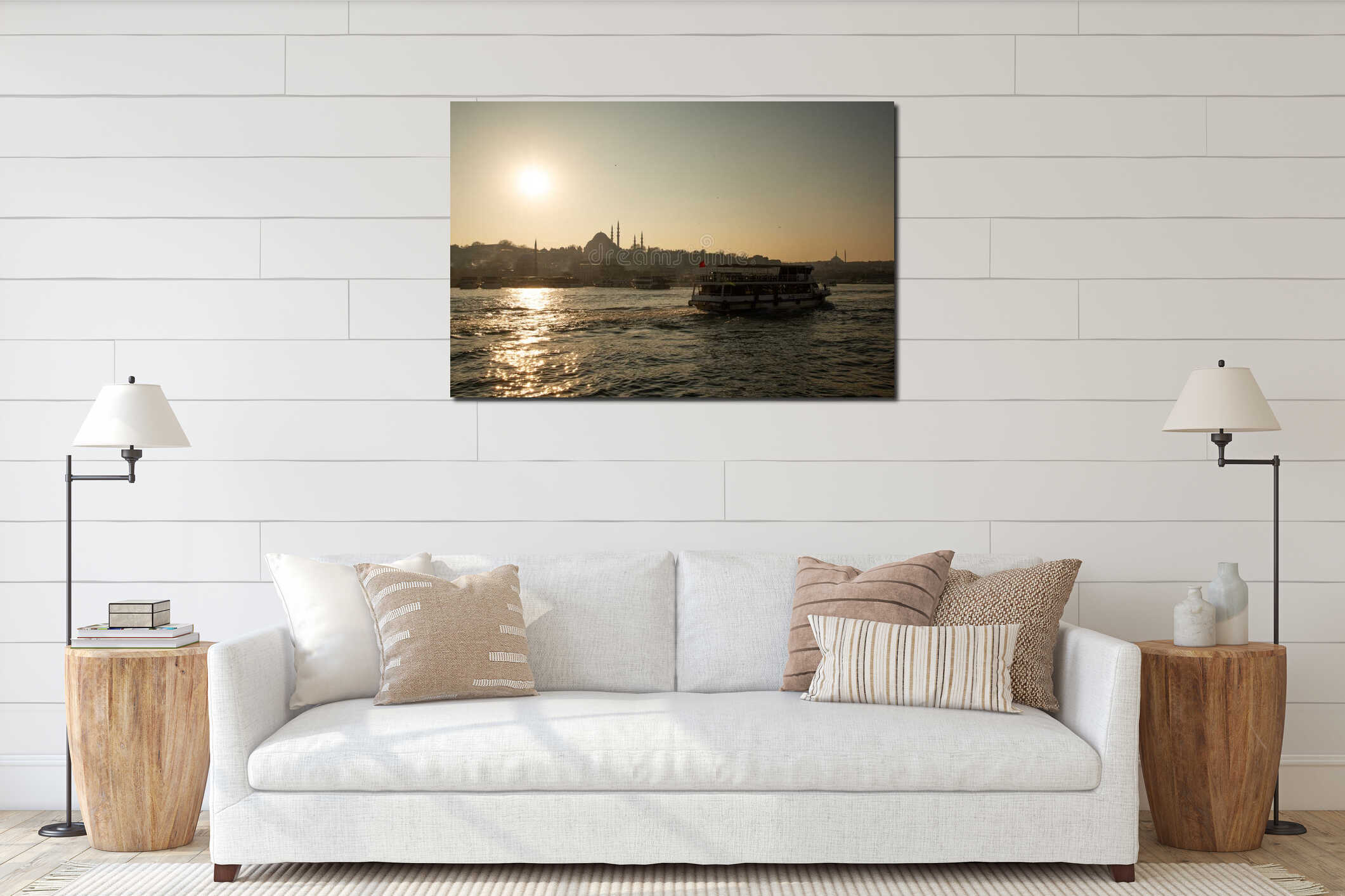 Istanbul, Turkey. The Golden Horn at sunset. Suleymaniye mosque silhouette. interior mockup