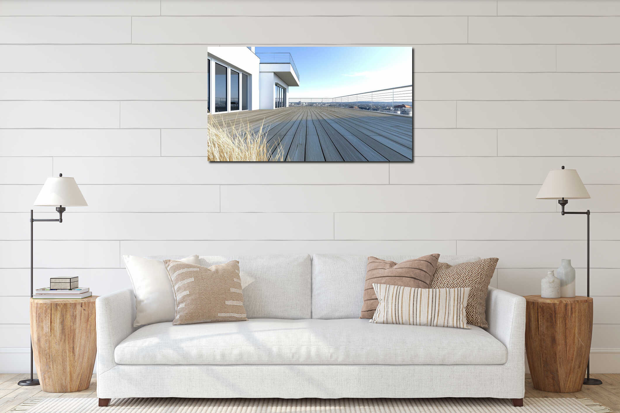 Spacious rooftop terrace with cityscape view and modern architecture interior mockup