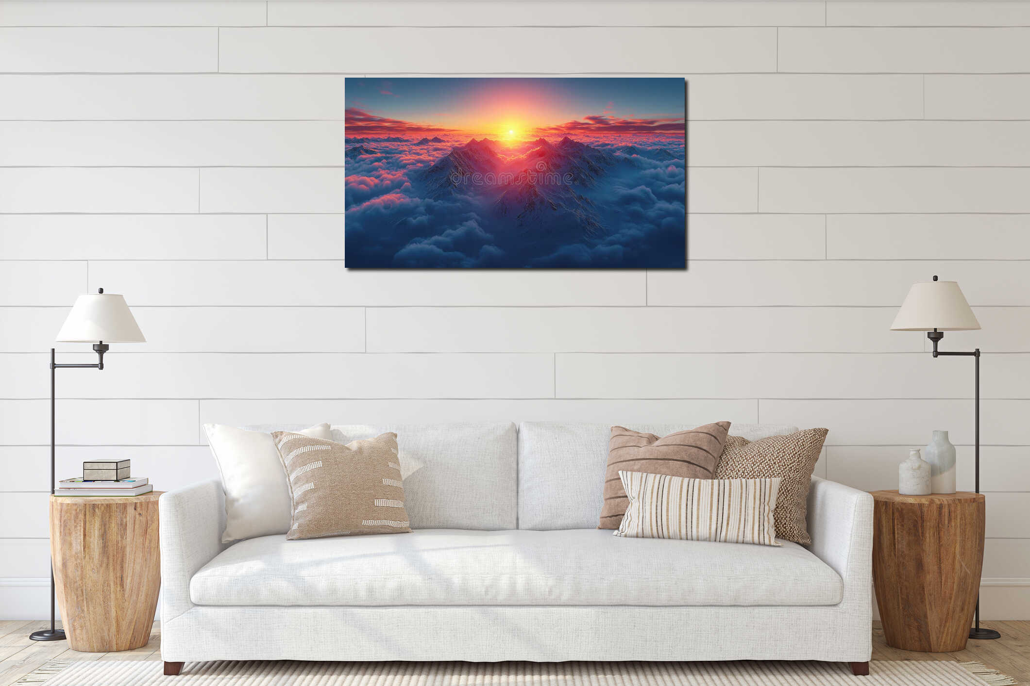 Breathtaking sunset illuminating snowy mountain peaks above clouds, creating serene and majestic landscape interior mockup