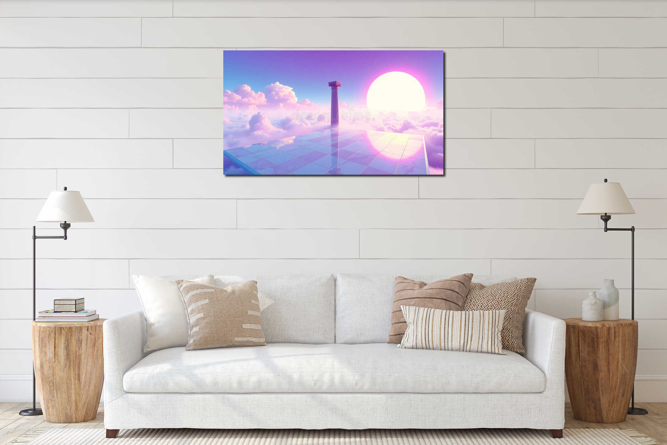 Aesthetic vaporwave retro style, Ancient Columns in a Neon Dreamscape, 80s or 90s inspired background with pastel pink and blue interior mockup