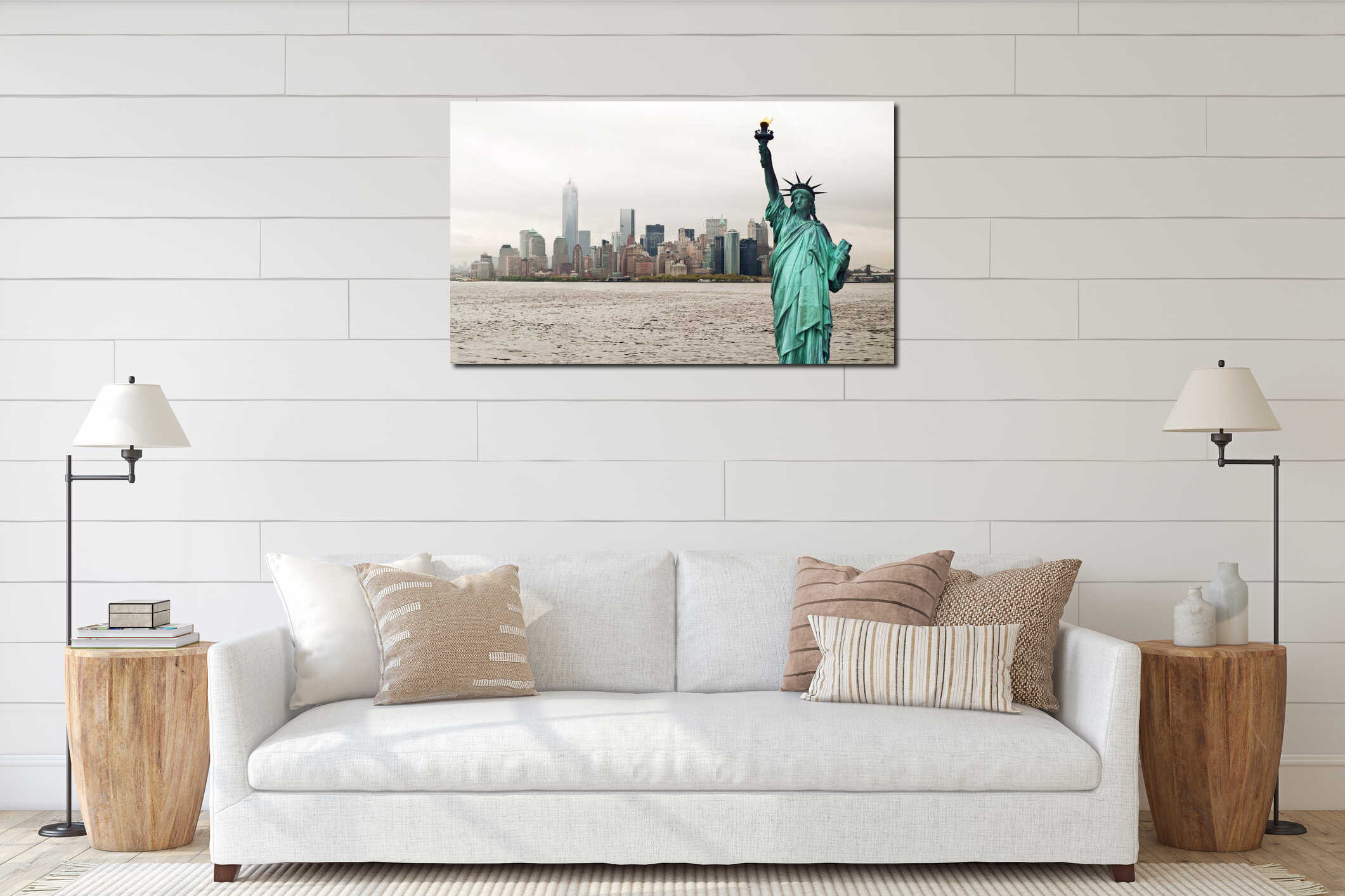 New York cityscape and Statue of Liberty, USA interior mockup