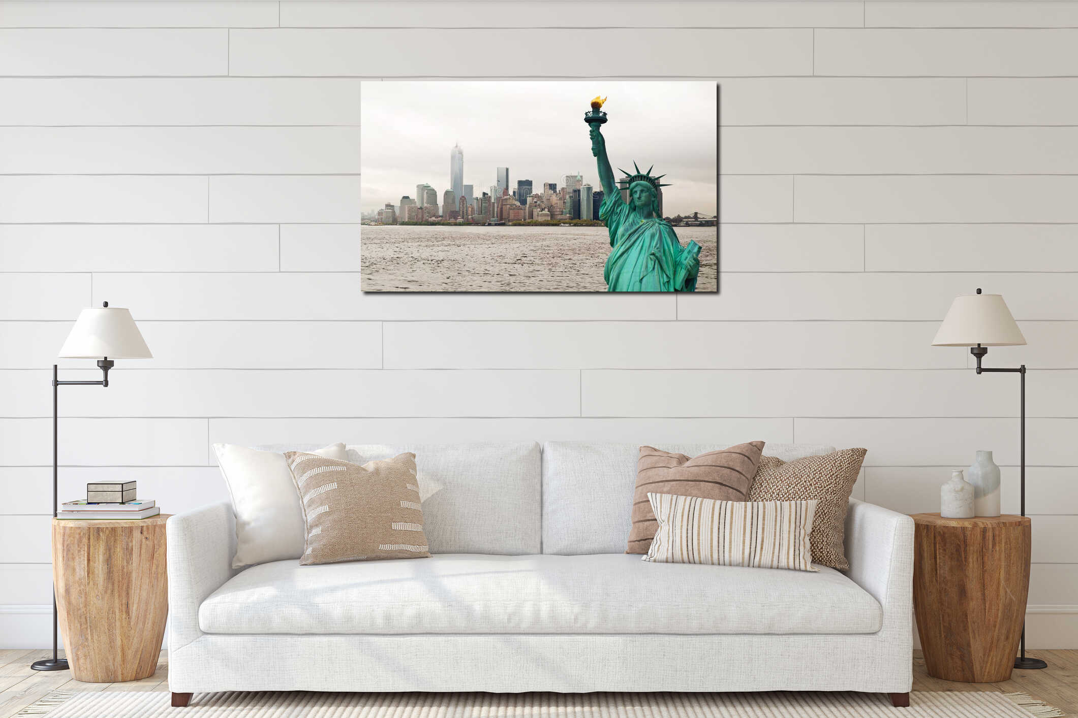 New York cityscape and Statue of Liberty, USA interior mockup