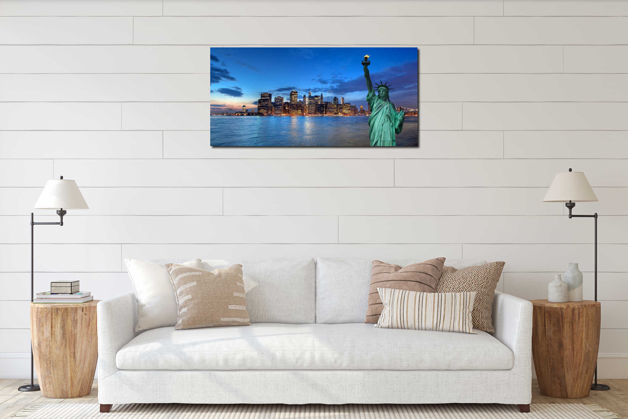 New York cityscape and Statue of Liberty, USA interior mockup