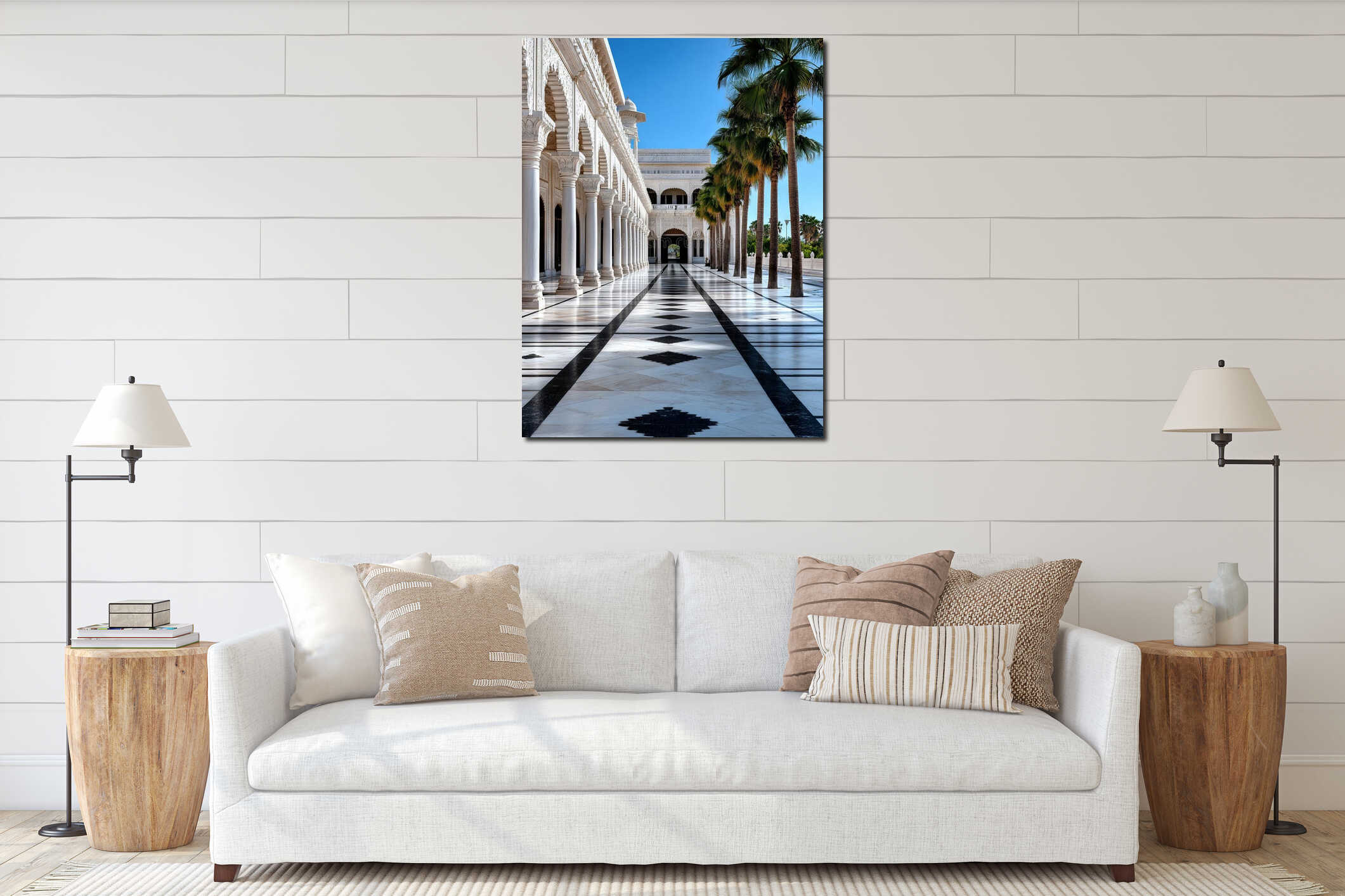 A long hallway lined with palm trees in front of a building interior mockup