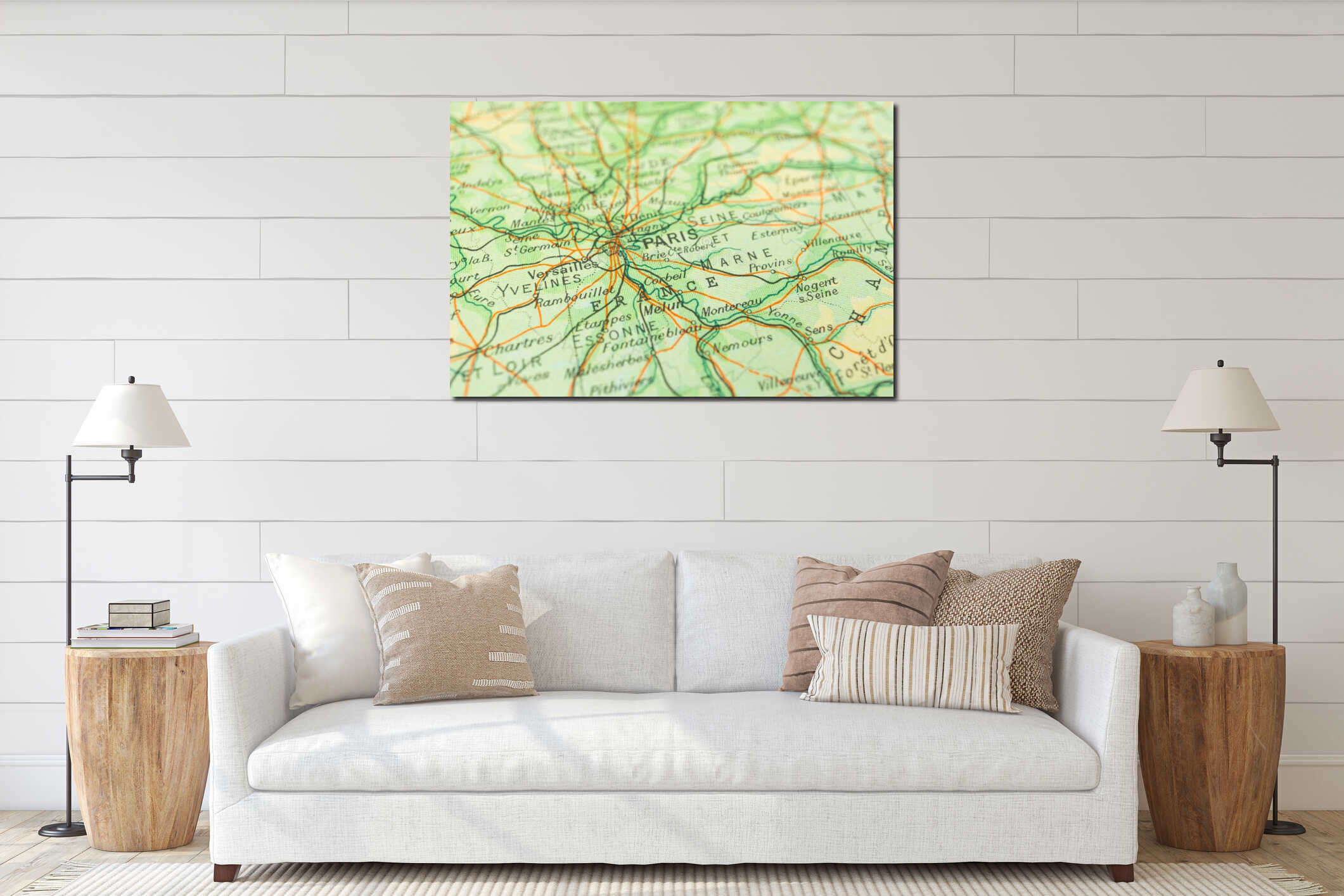 Close-up view of an old, possibly vintage, French map with focus on Paris Shows geographical locations within France interior mockup