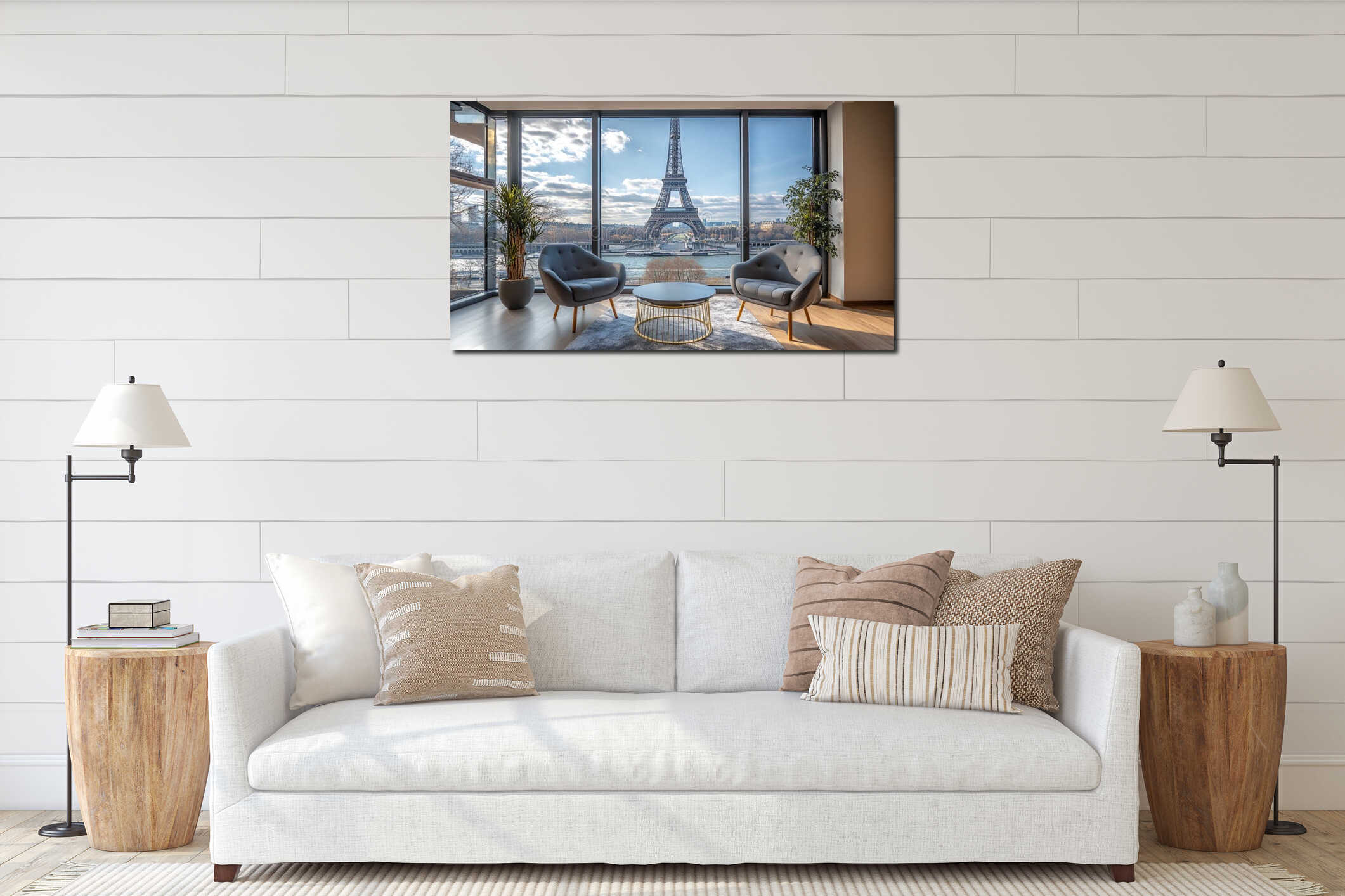 Modern lounge with grey chairs and coffee table overlooking the Eiffel Tower and river through large windows. Close-up interior mockup