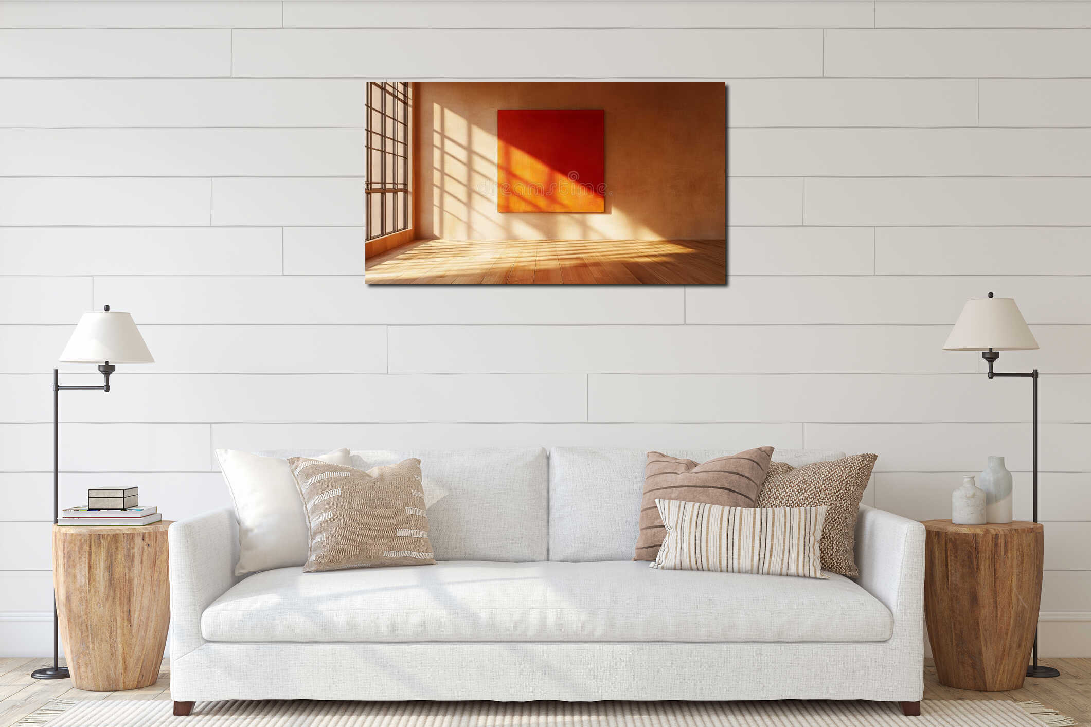 A contemporary residence features an interior with abstract artwork, hardwood flooring, and a hallway filled with interior mockup