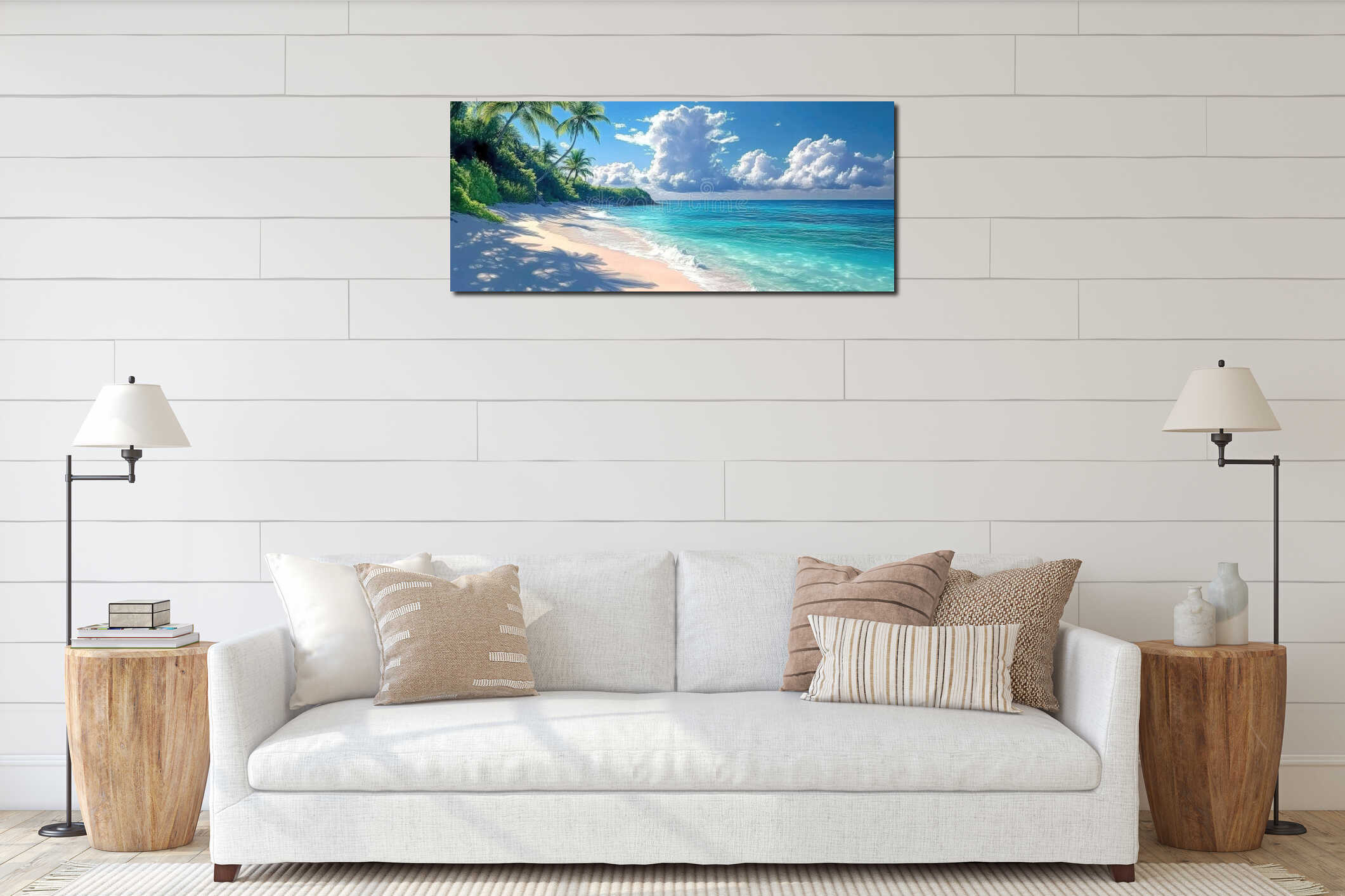 Tranquil Tropical Beach with Palm Trees and Clear Water interior mockup
