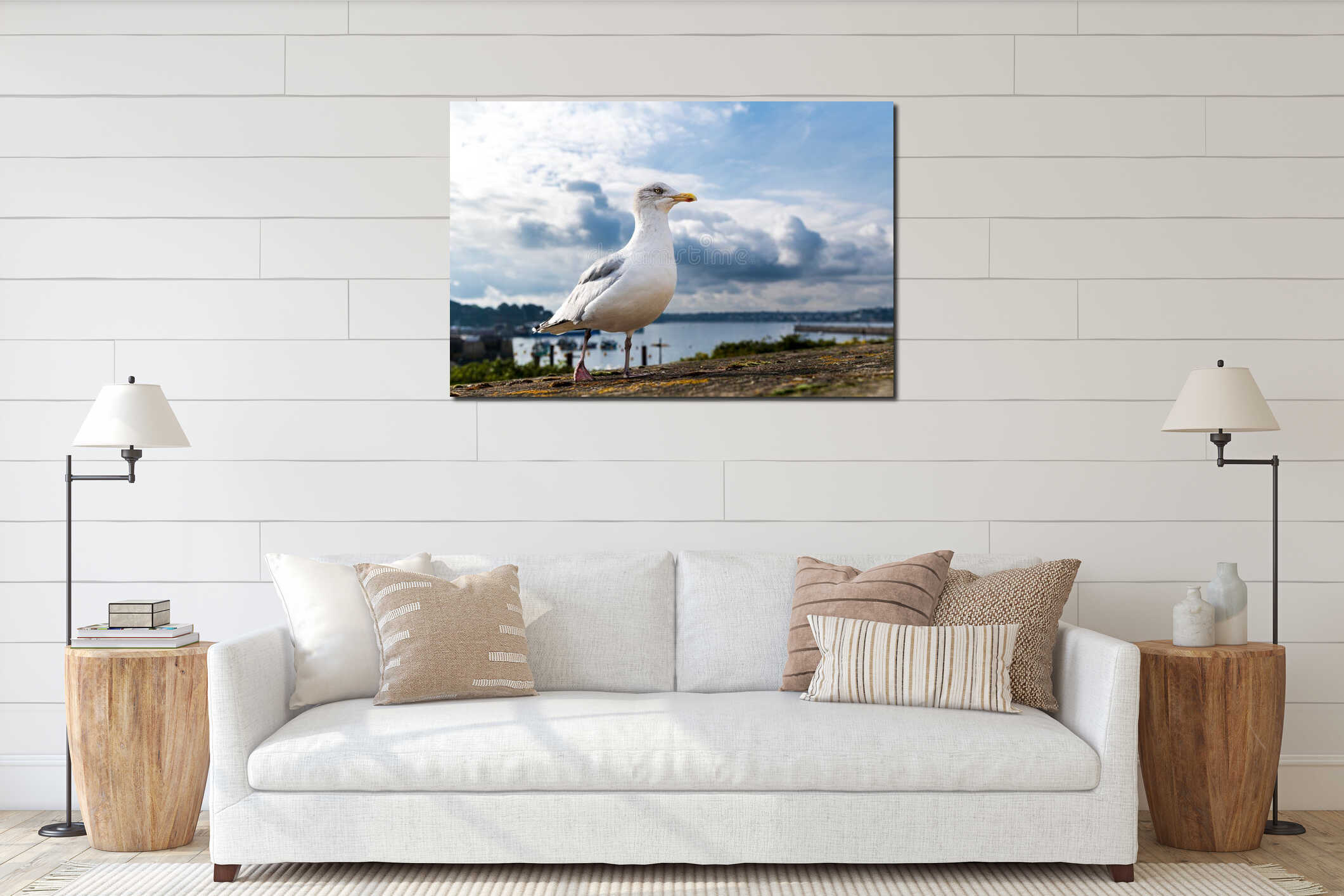 Close up at low angle of a seagull standing on a wall in front a Saint Malo's harbor, France interior mockup