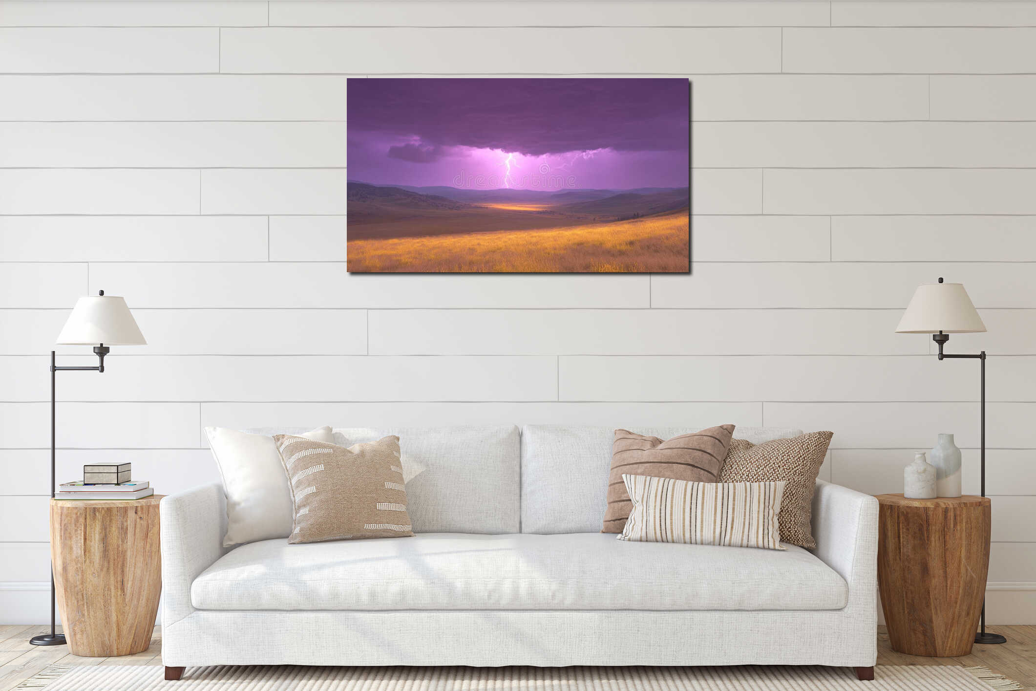 Vibrant purple lightning illuminates a flat, golden field set beneath a dramatic storm sky interior mockup