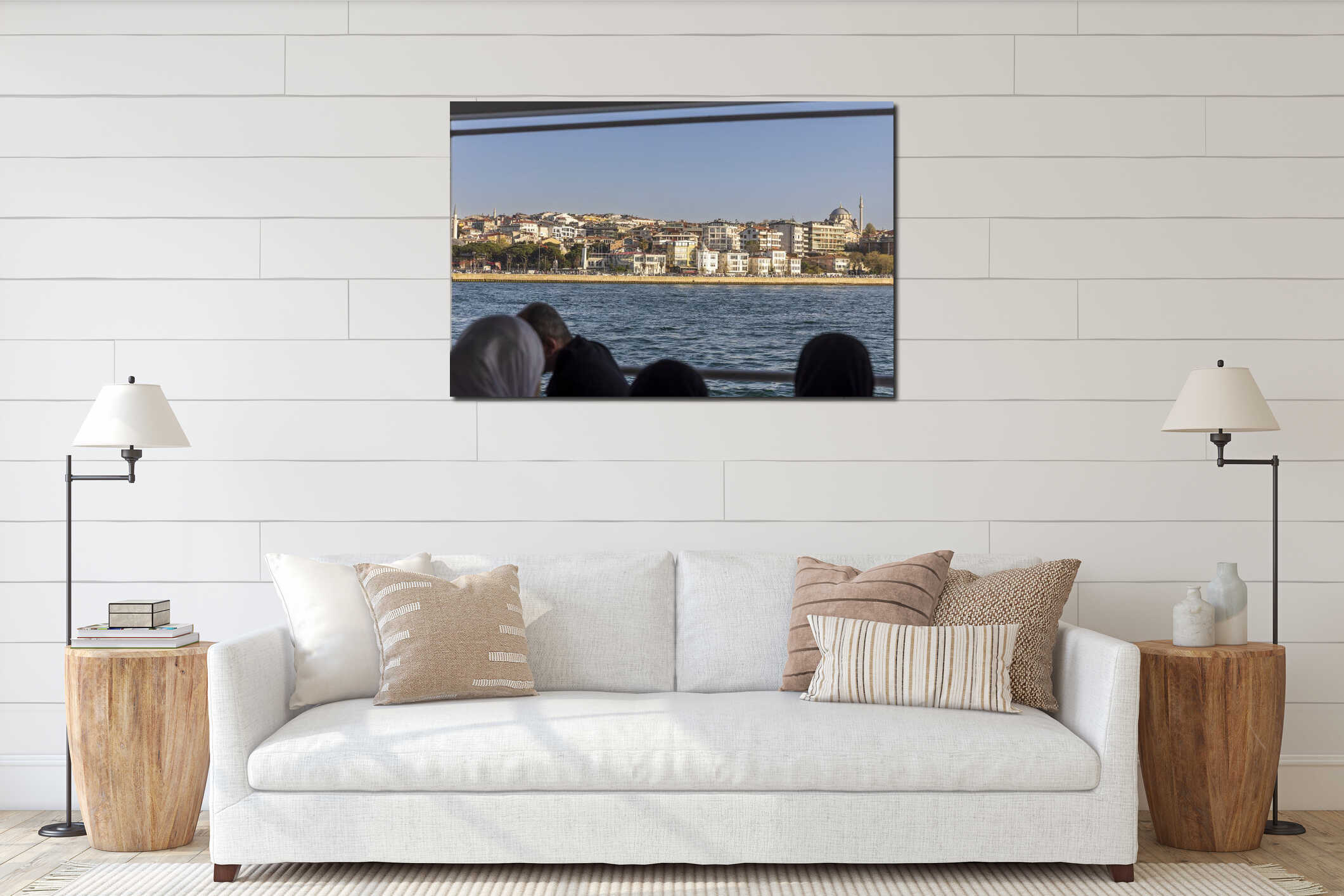 View of the Istanbul cityscape with various buildings and a prominent mosque dome and minaret, interior mockup