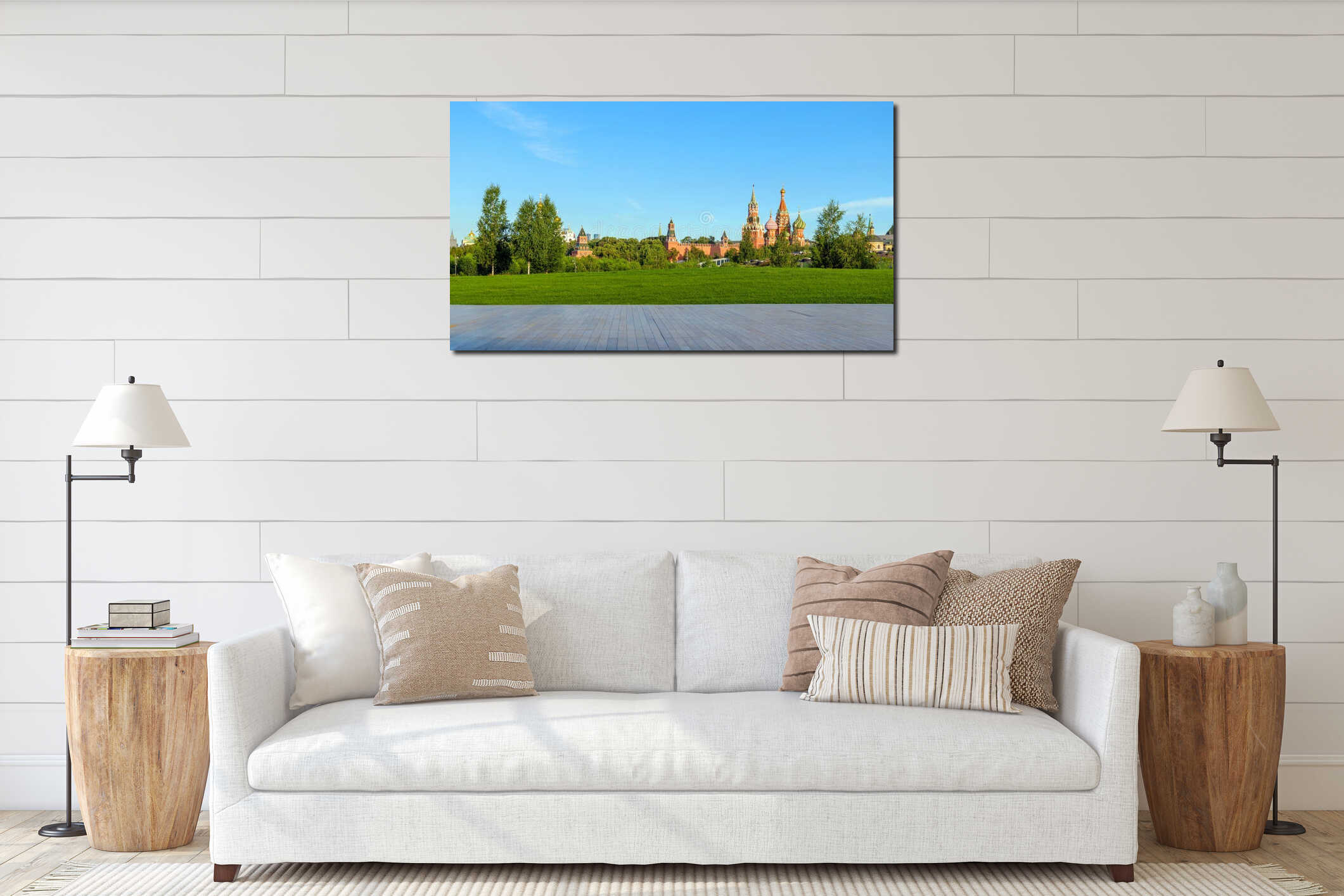 Green landscape of Zaryadye Park with a tranquil escape in the heart of Moscow, framed by the iconic Kremlin skyline and interior mockup