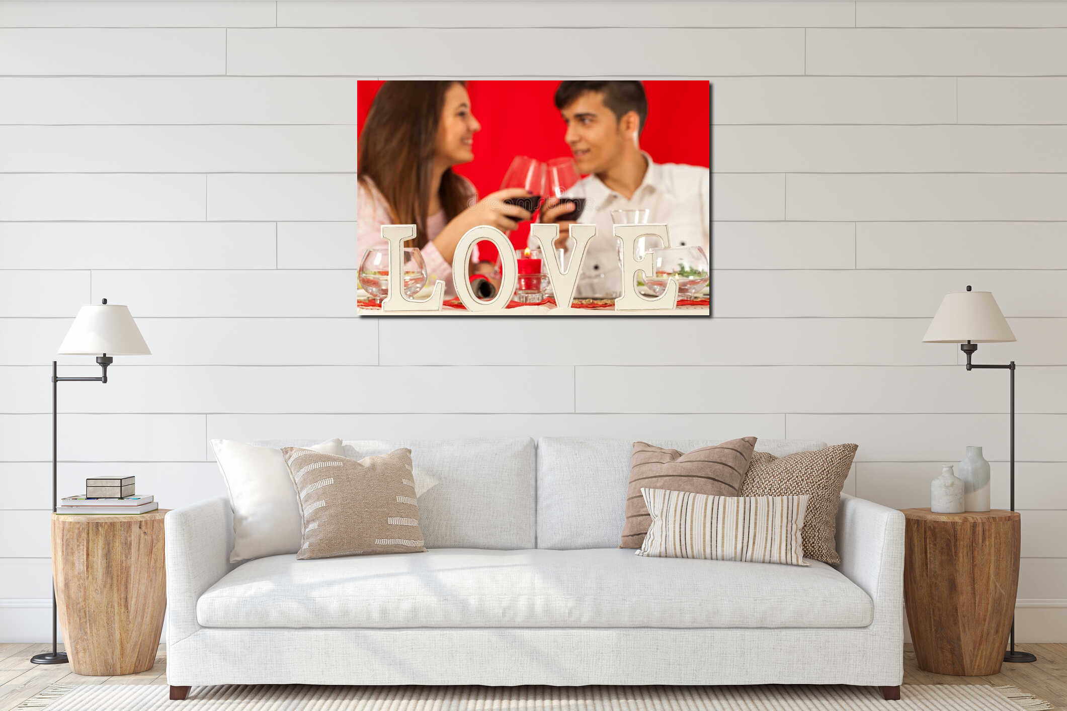 Romantic dinner table with couple in background. interior mockup