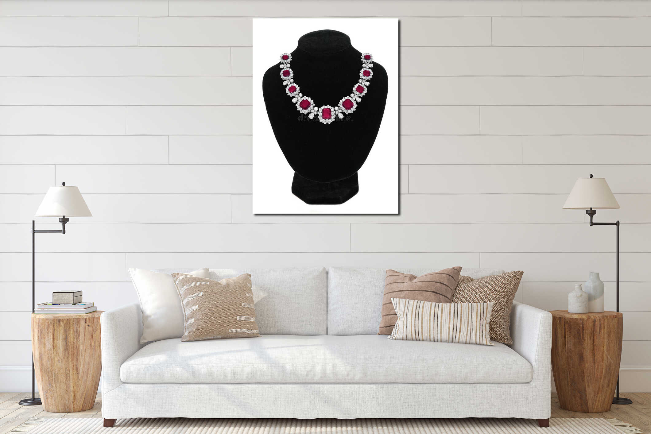 Pendant with red gem stones on black mannequin isolated on white interior mockup
