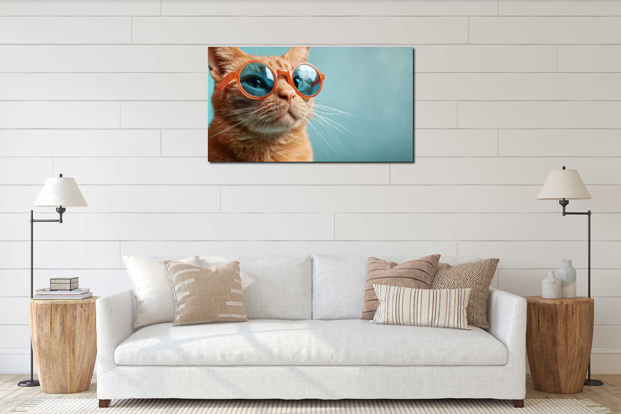 A cat wearing a pair of orange sunglasses looking up at the camera interior mockup