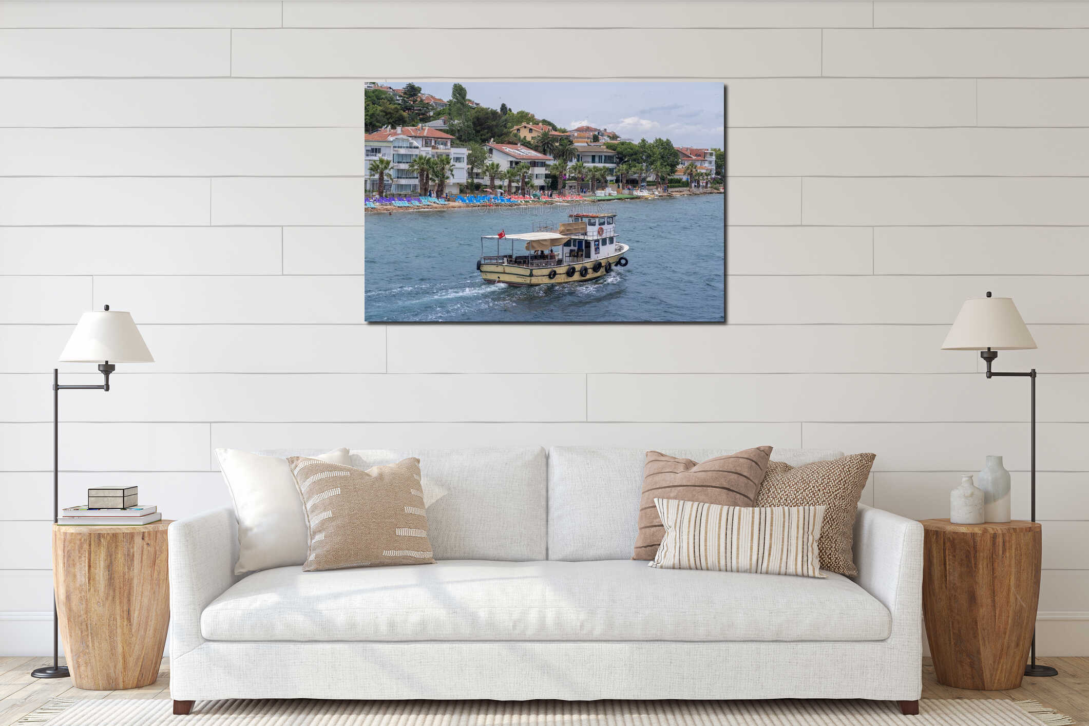 Exploring the tranquil waters of Prince Islands with a charming boat and scenic waterfront attractions interior mockup