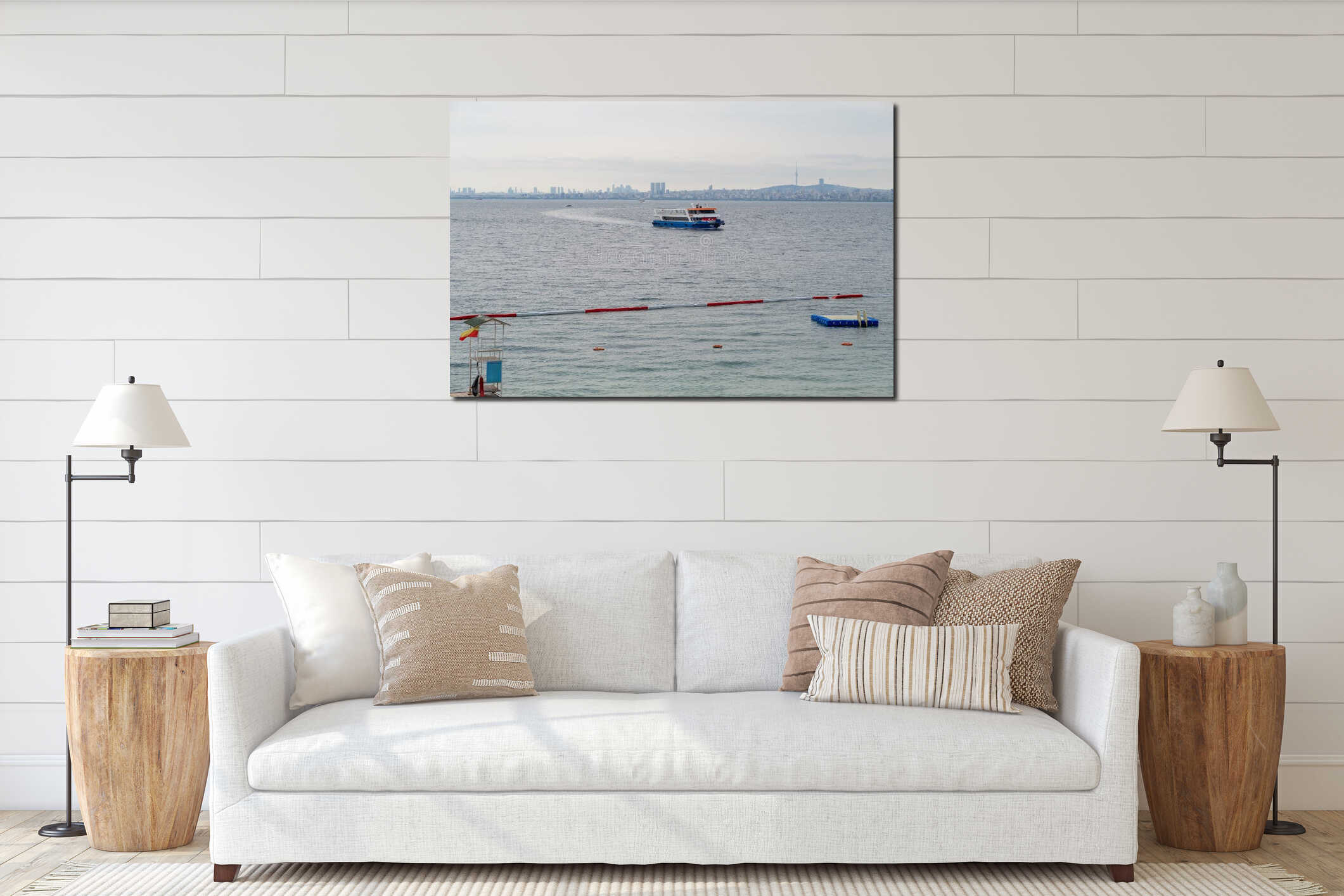 Ferry traverses the waters near Prince Islands with city skyline in the background during a cloudy day interior mockup