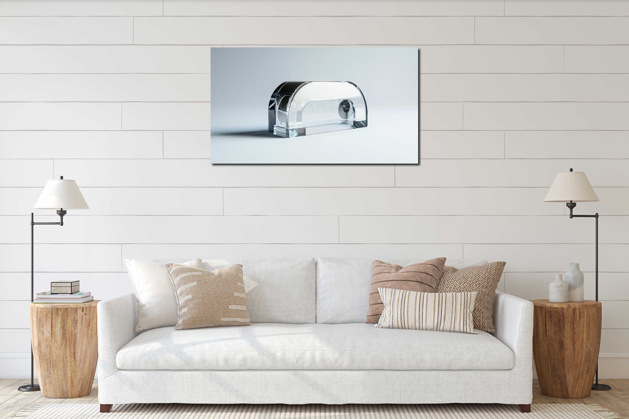 Photorealistic image of a transparent acrylic tape dispenser with a sleek design, isolated on a white background interior mockup