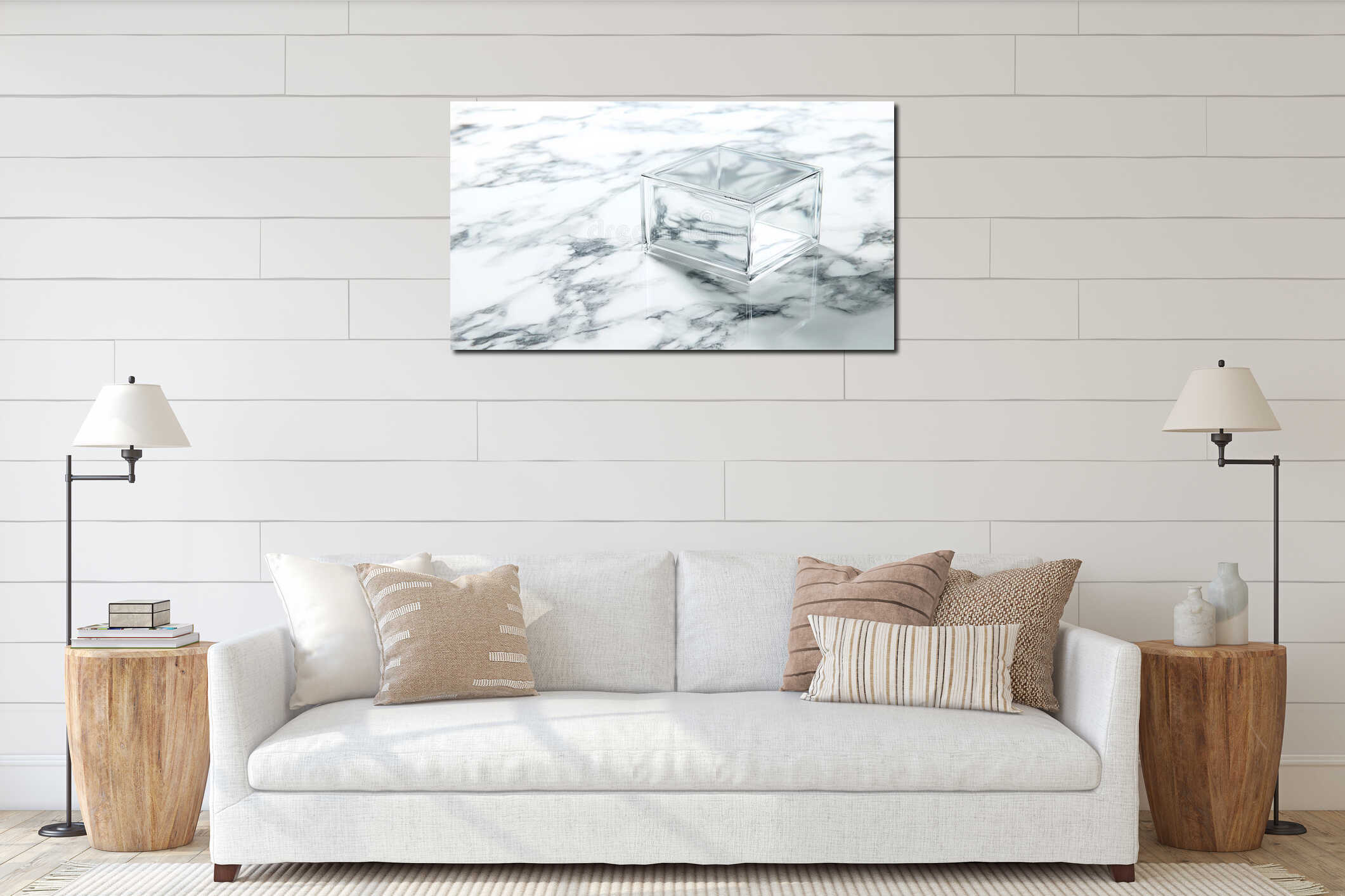 A photorealistic image of a transparent acrylic box on a marble surface with soft reflections interior mockup