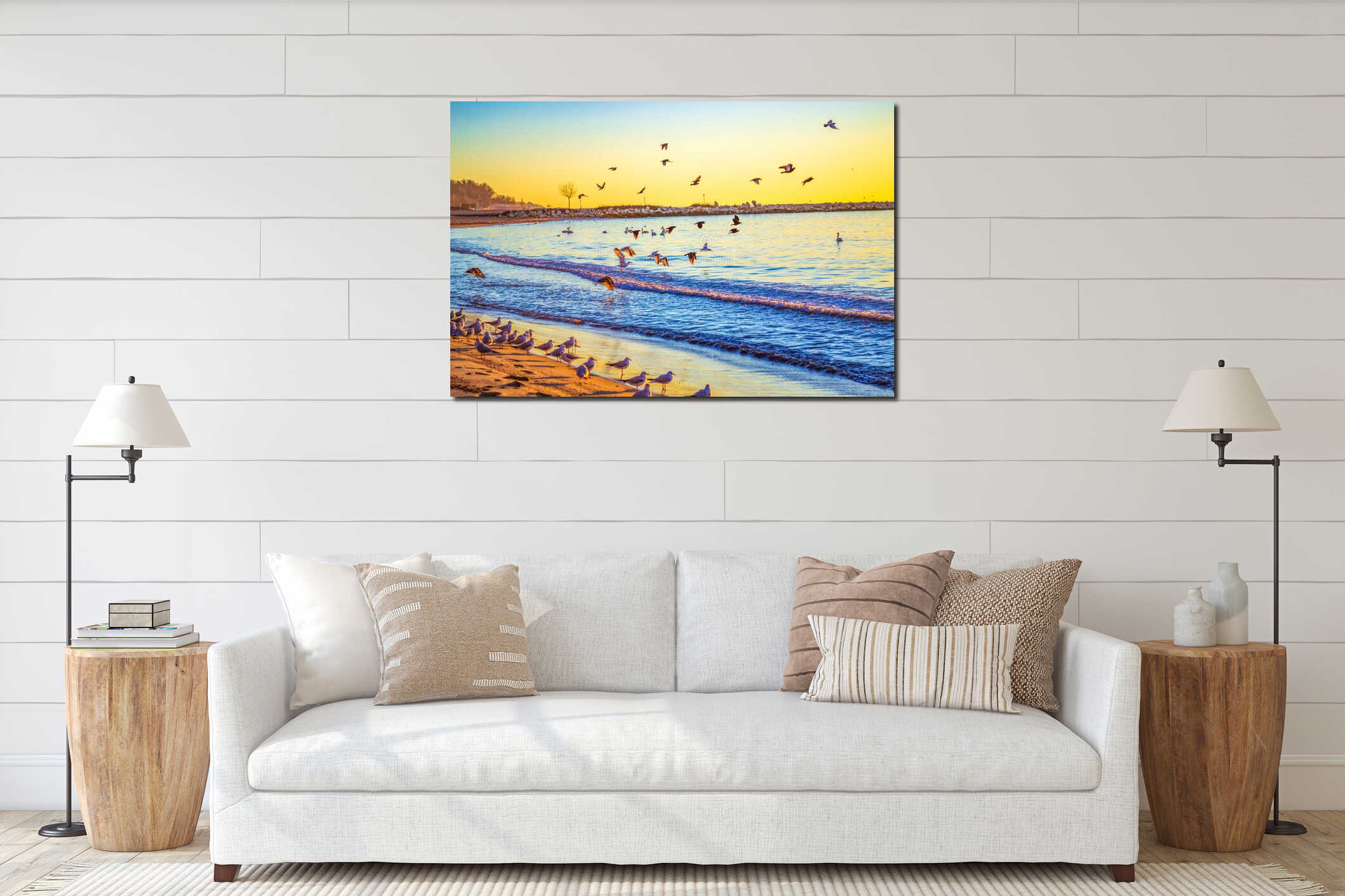 Sunrise and seabirds Black Sea coast Varna beach Bulgaria interior mockup