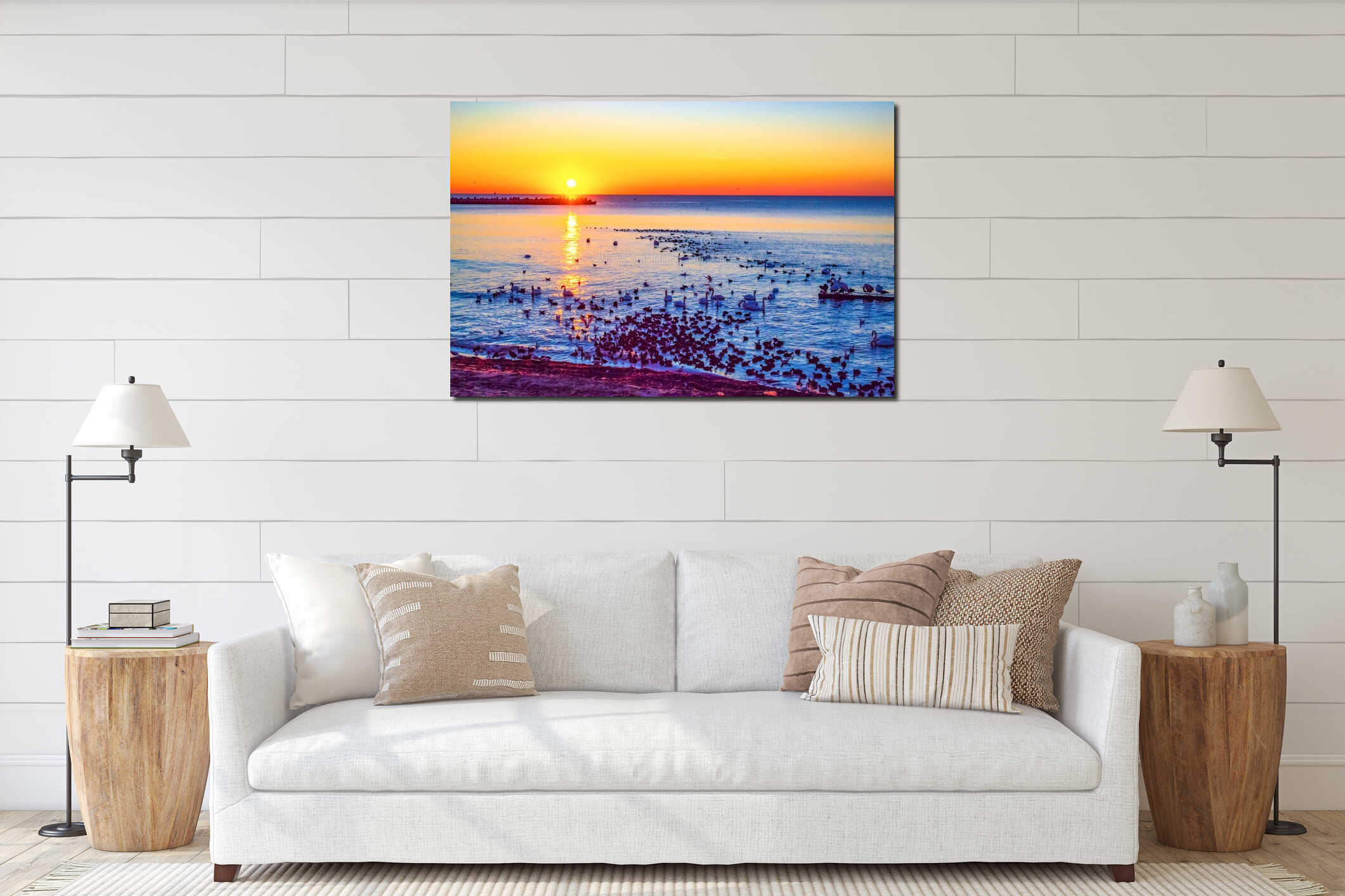 Sunrise and seabirds Black Sea coast Varna beach Bulgaria interior mockup