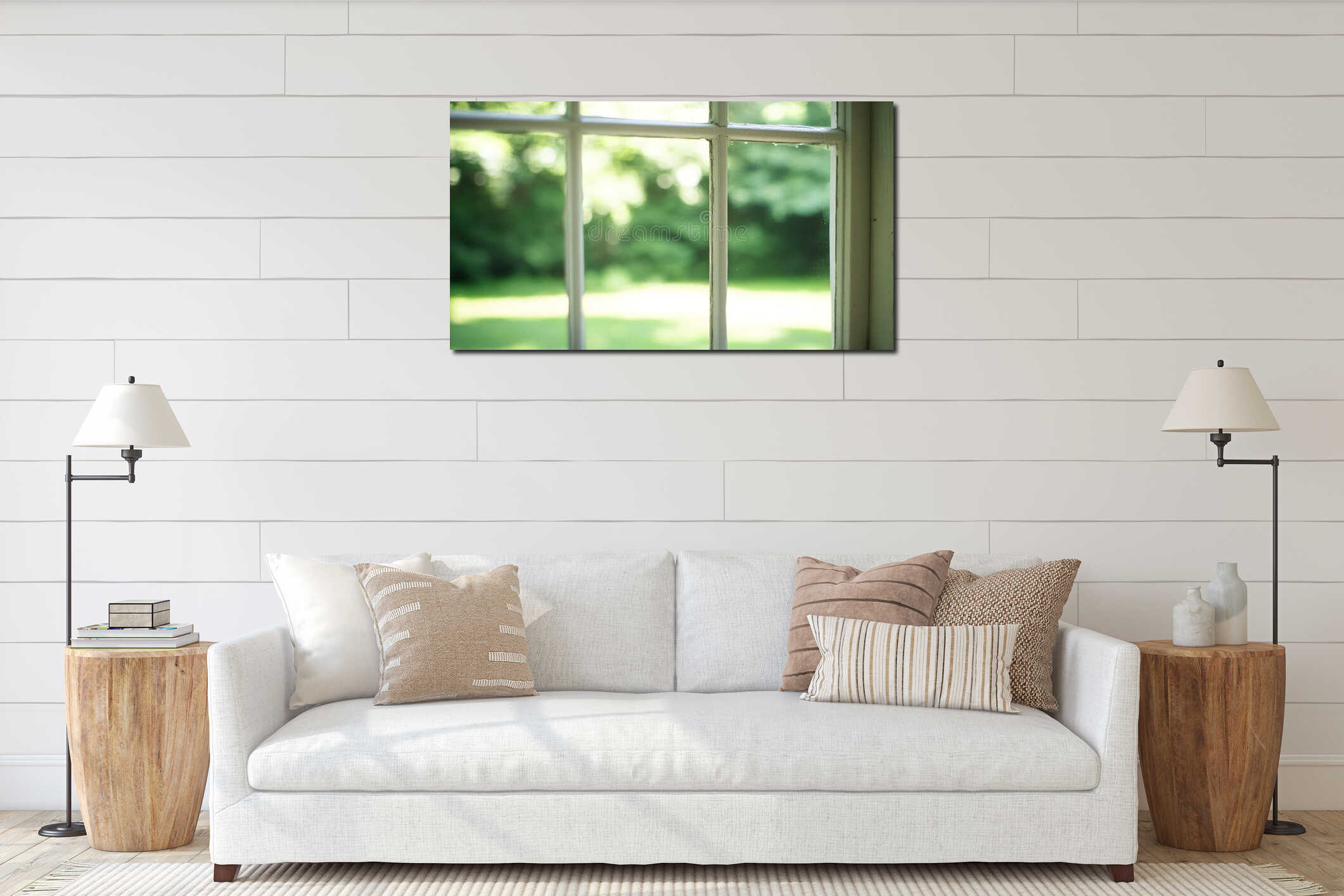 Clear glass window overlooking lush green garden on a sunny day interior mockup
