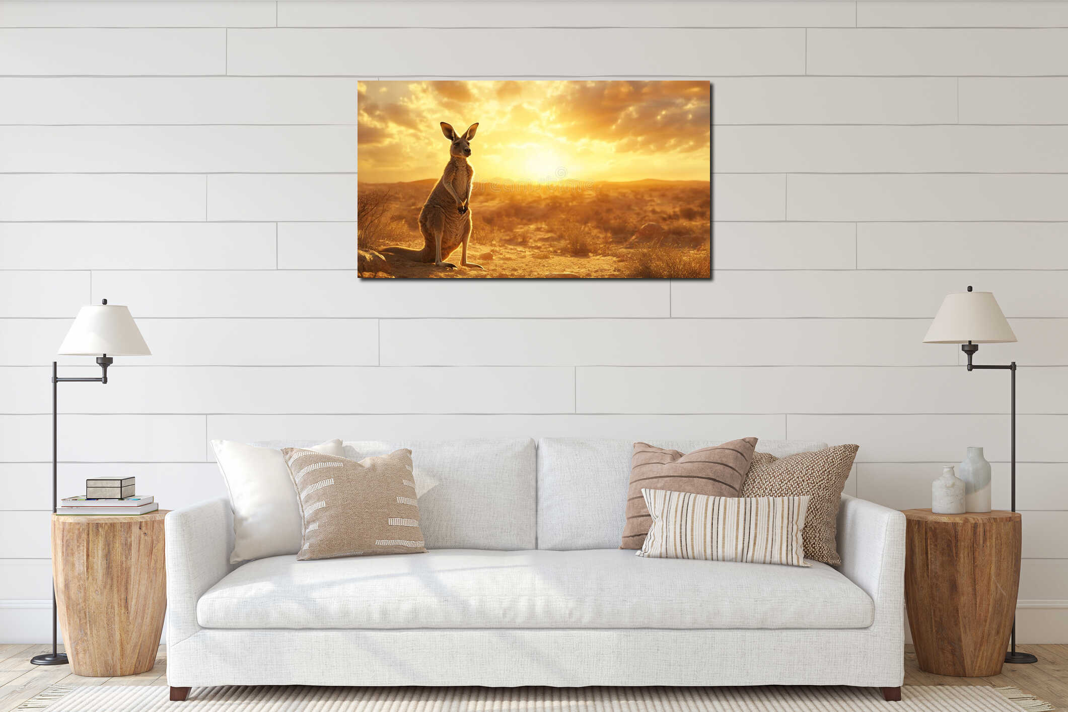Kangaroo silhouette watching golden sunset calm nature outdoors interior mockup