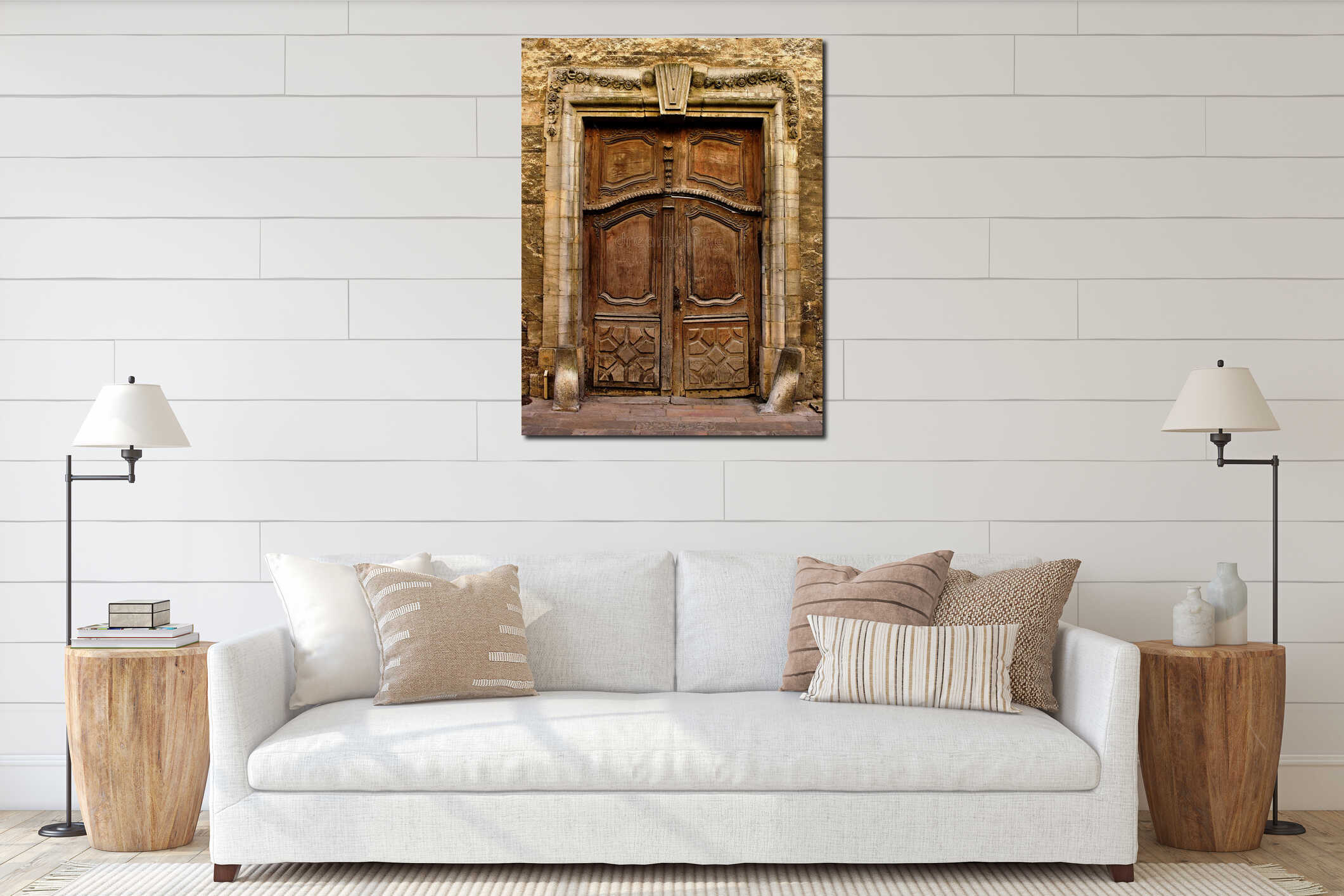 Large ornate wooden door in Poligny, Jura, France interior mockup
