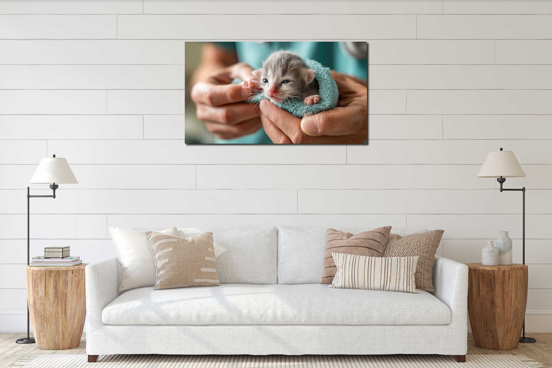 A person holding a small kitten in their hands interior mockup